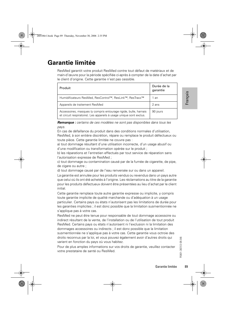 Garantie limitée | ResMed C16389 User Manual | Page 94 / 193