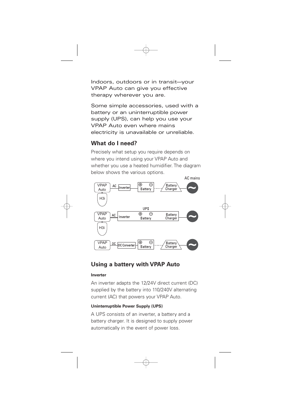 What do i need, Using a battery with vpap auto | ResMed Compact Bilevel Device VPAP Auto User Manual | Page 2 / 8