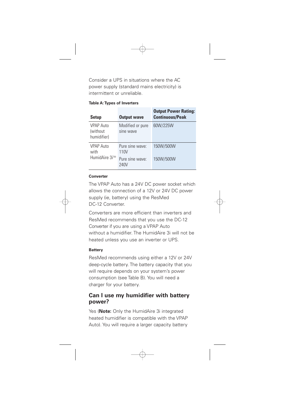 Can i use my humidifier with battery power | ResMed Compact Bilevel Device VPAP Auto User Manual | Page 3 / 8