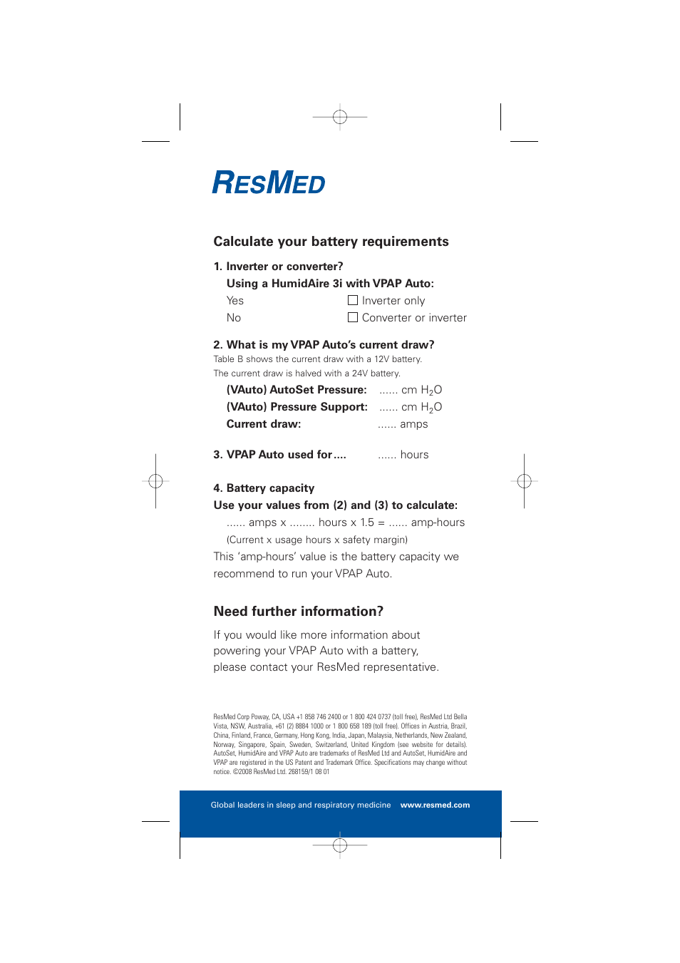 Calculate your battery requirements, Need further information | ResMed Compact Bilevel Device VPAP Auto User Manual | Page 8 / 8