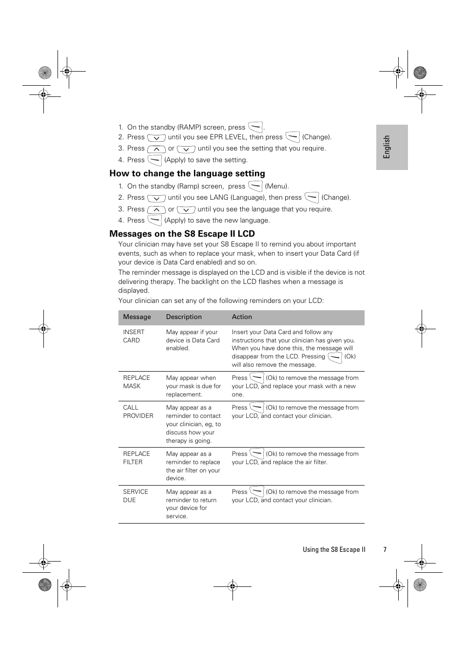 How to change the language setting, Messages on the s8 escape ii lcd | ResMed Positive Airway Pressure Device S8 Escape II User Manual | Page 11 / 80