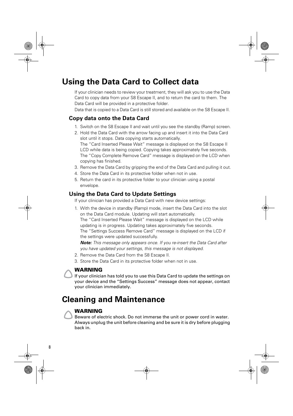 Using the data card to collect data, Copy data onto the data card, Using the data card to update settings | Cleaning and maintenance | ResMed Positive Airway Pressure Device S8 Escape II User Manual | Page 12 / 80