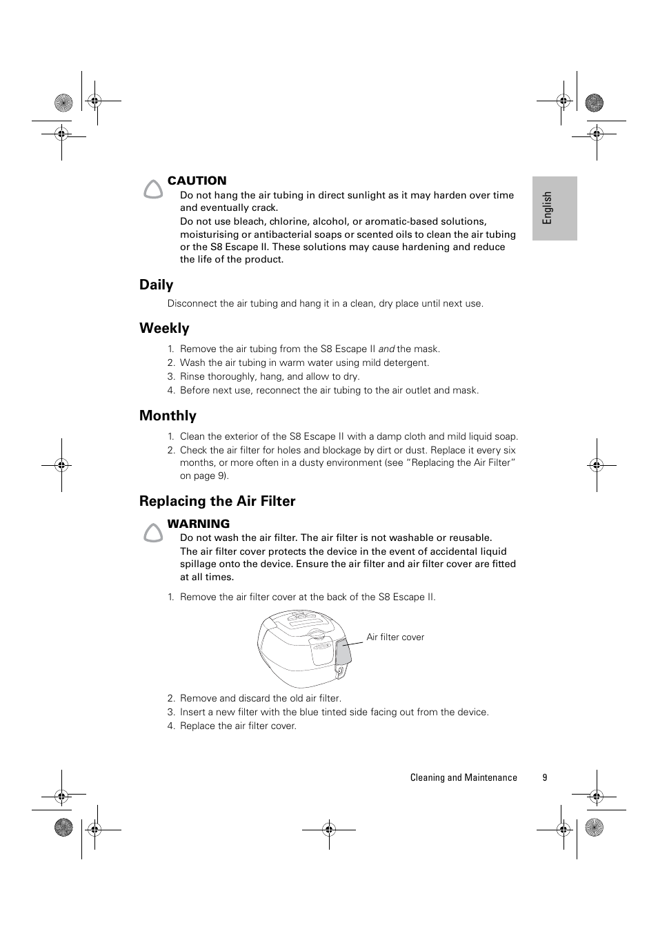 Daily, Weekly, Monthly | Replacing the air filter | ResMed Positive Airway Pressure Device S8 Escape II User Manual | Page 13 / 80