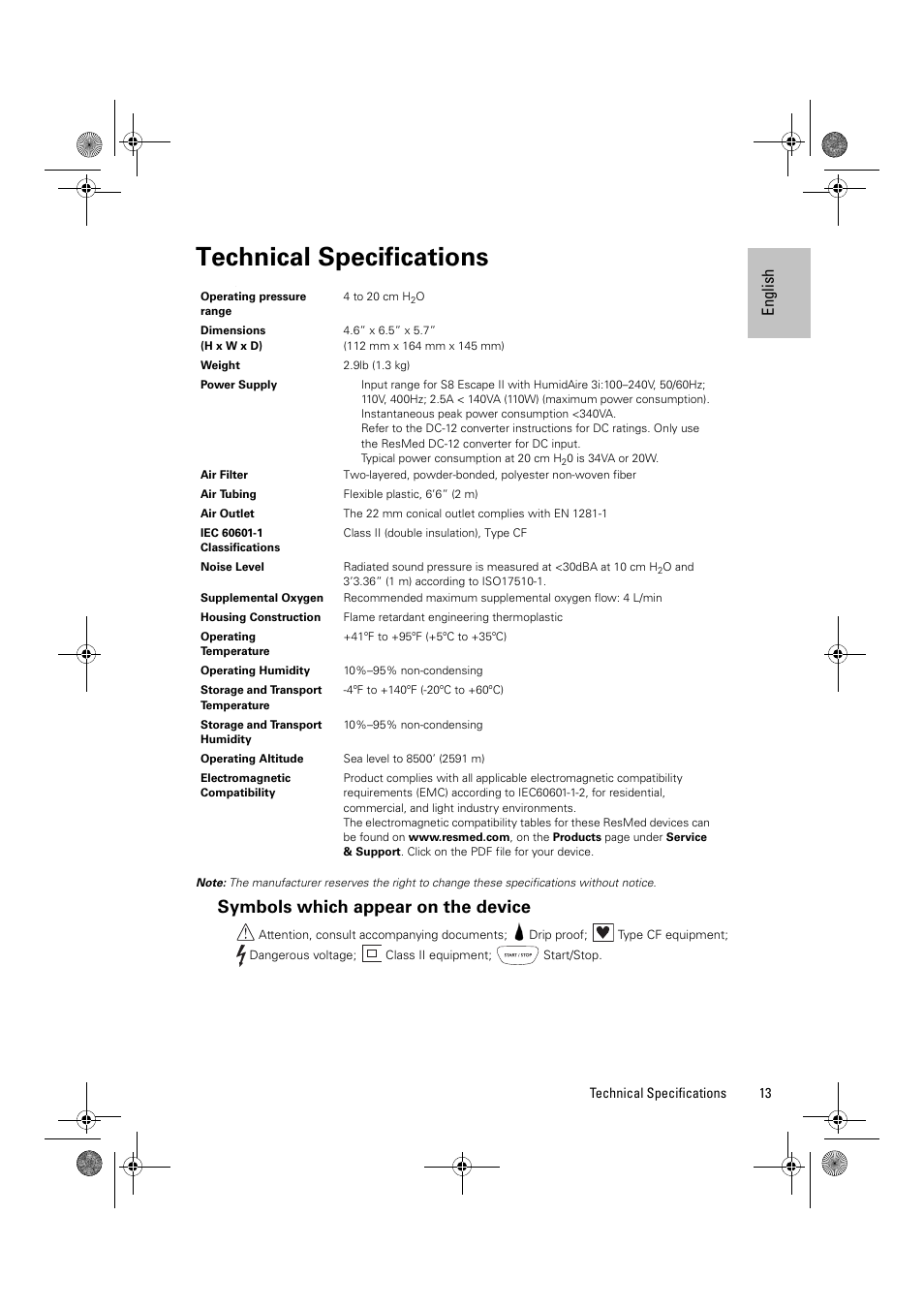 Technical specifications, Symbols which appear on the device, En glish | ResMed Positive Airway Pressure Device S8 Escape II User Manual | Page 17 / 80