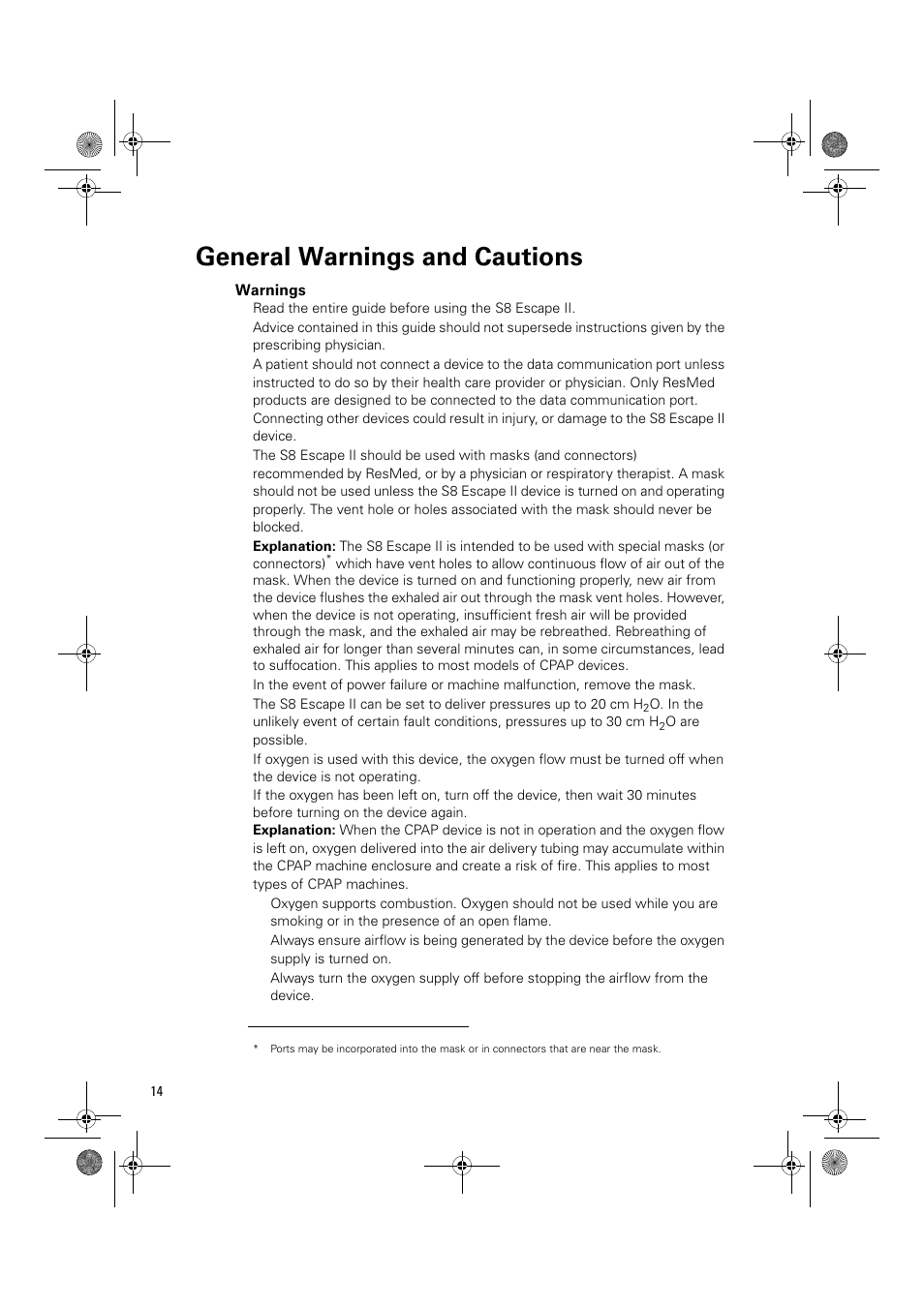 General warnings and cautions, Warnings | ResMed Positive Airway Pressure Device S8 Escape II User Manual | Page 18 / 80