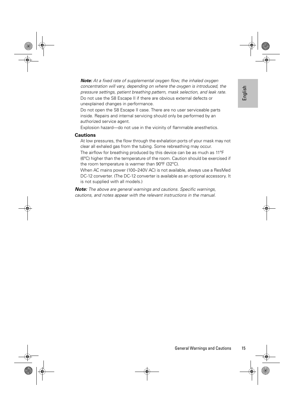 Cautions | ResMed Positive Airway Pressure Device S8 Escape II User Manual | Page 19 / 80