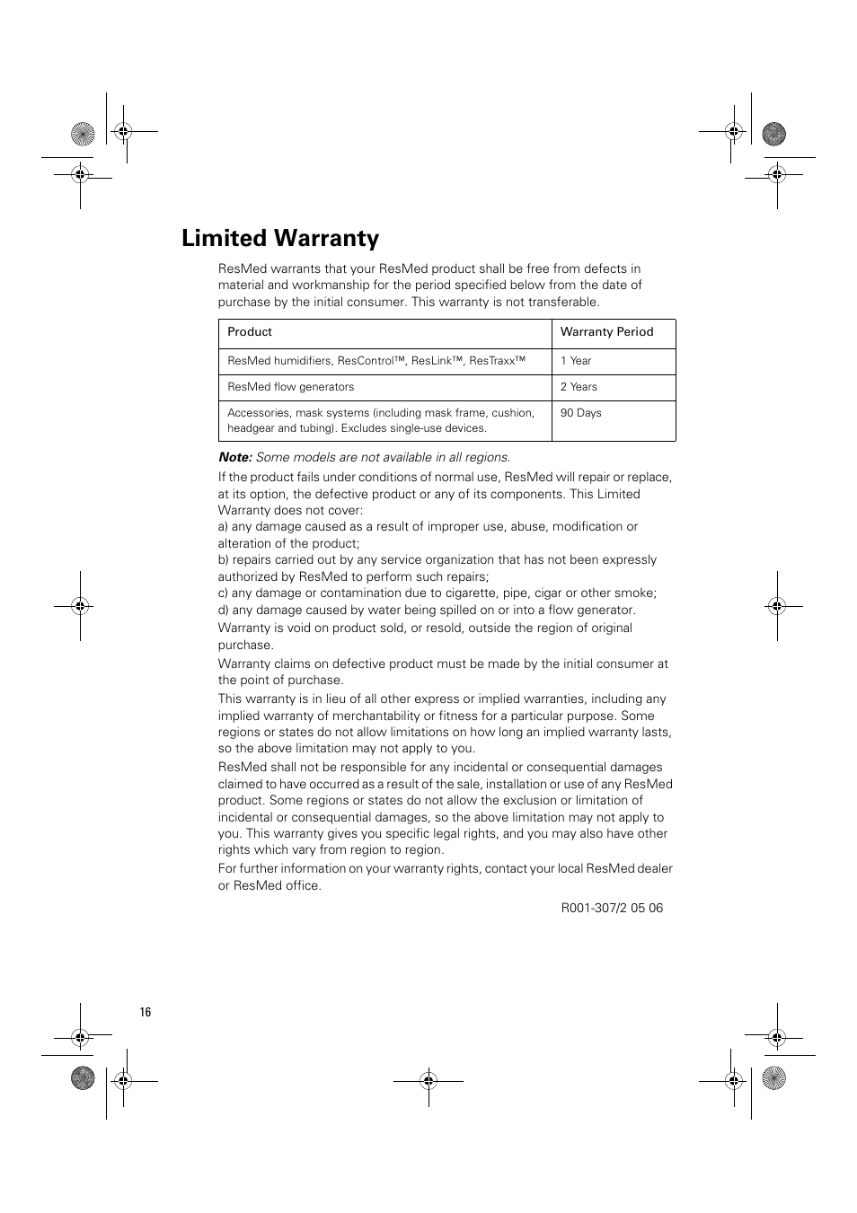 Limited warranty | ResMed Positive Airway Pressure Device S8 Escape II User Manual | Page 20 / 80