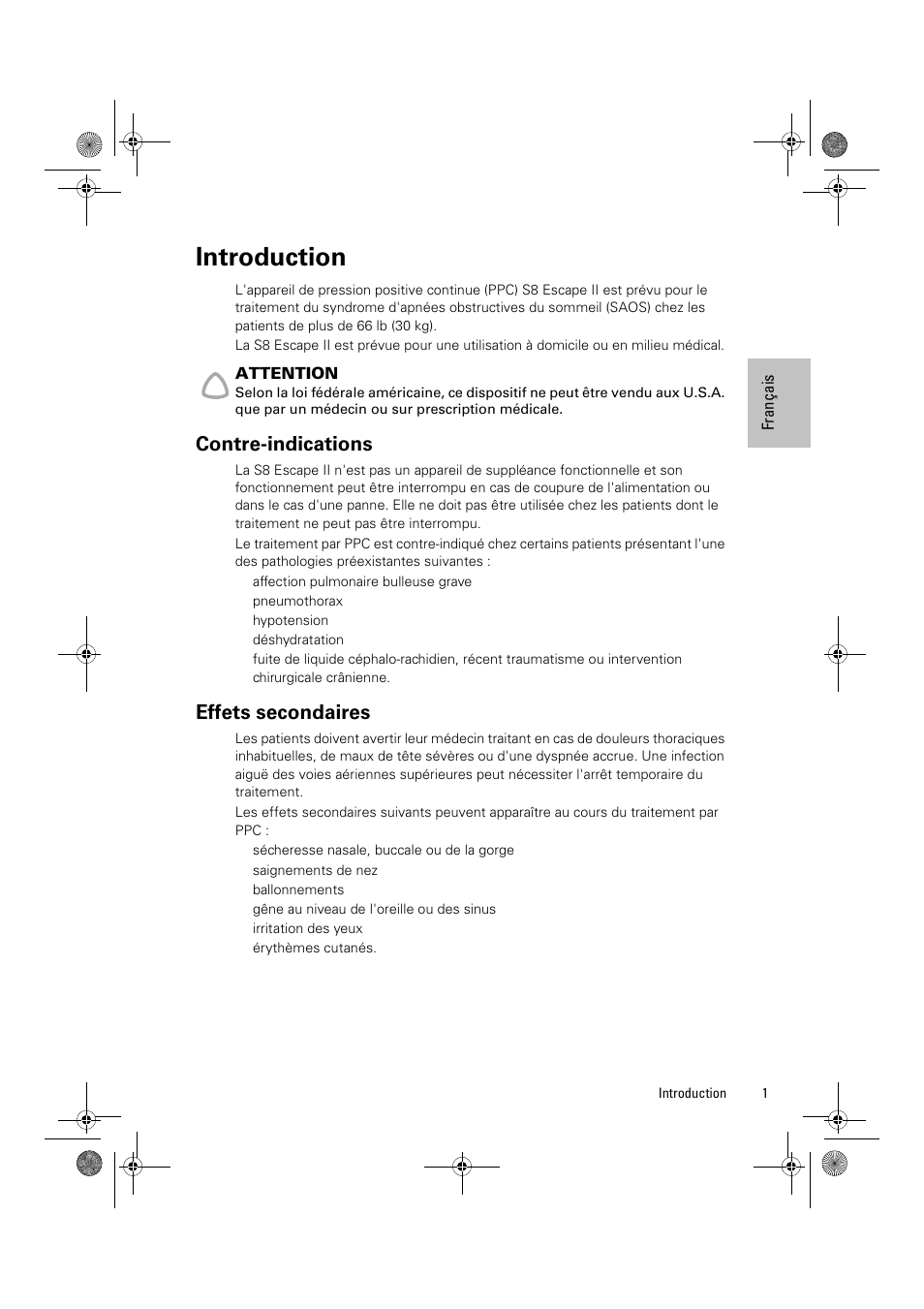 Introduction, Contre-indications, Effets secondaires | ResMed Positive Airway Pressure Device S8 Escape II User Manual | Page 23 / 80