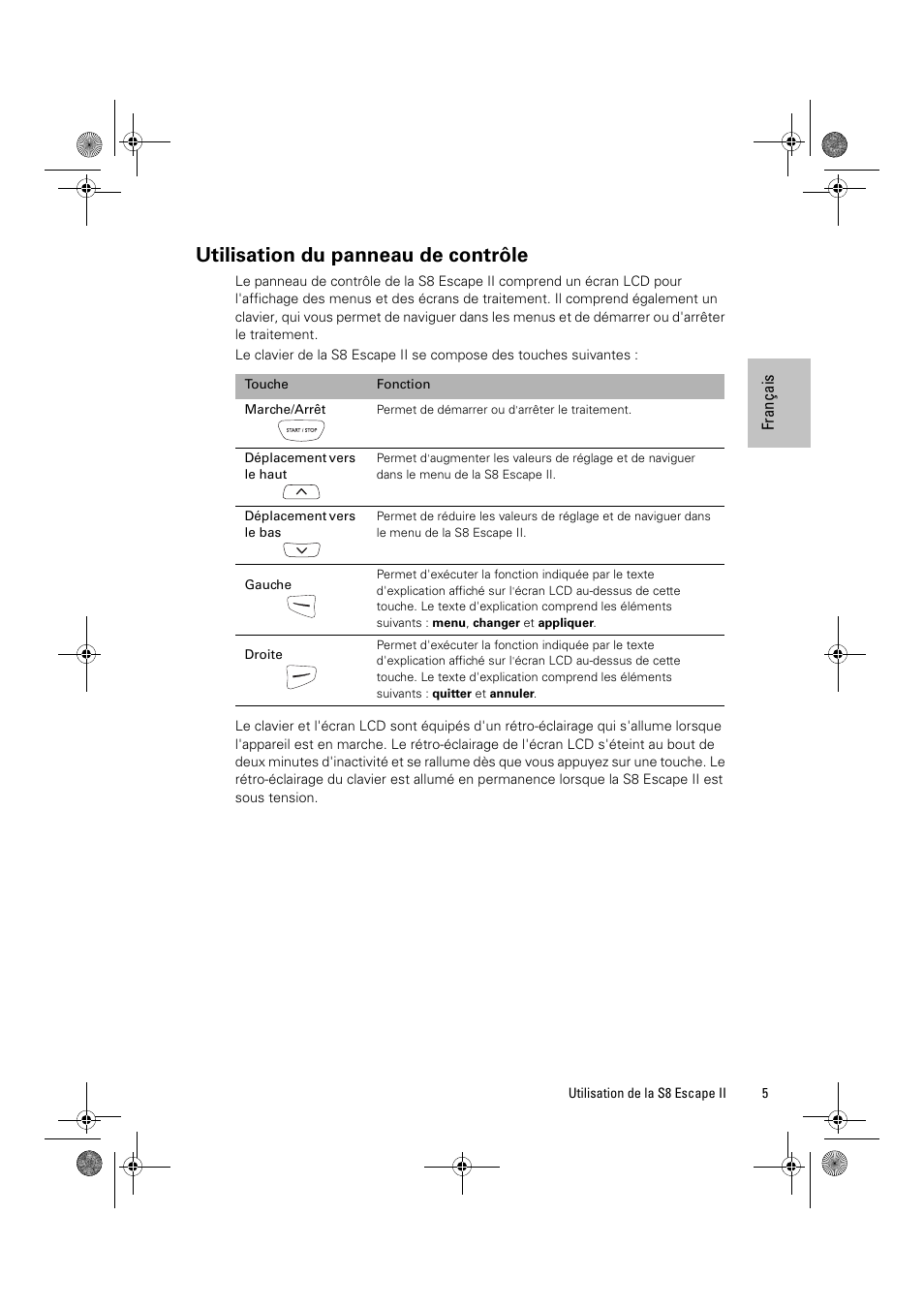 Utilisation du panneau de contrôle | ResMed Positive Airway Pressure Device S8 Escape II User Manual | Page 27 / 80