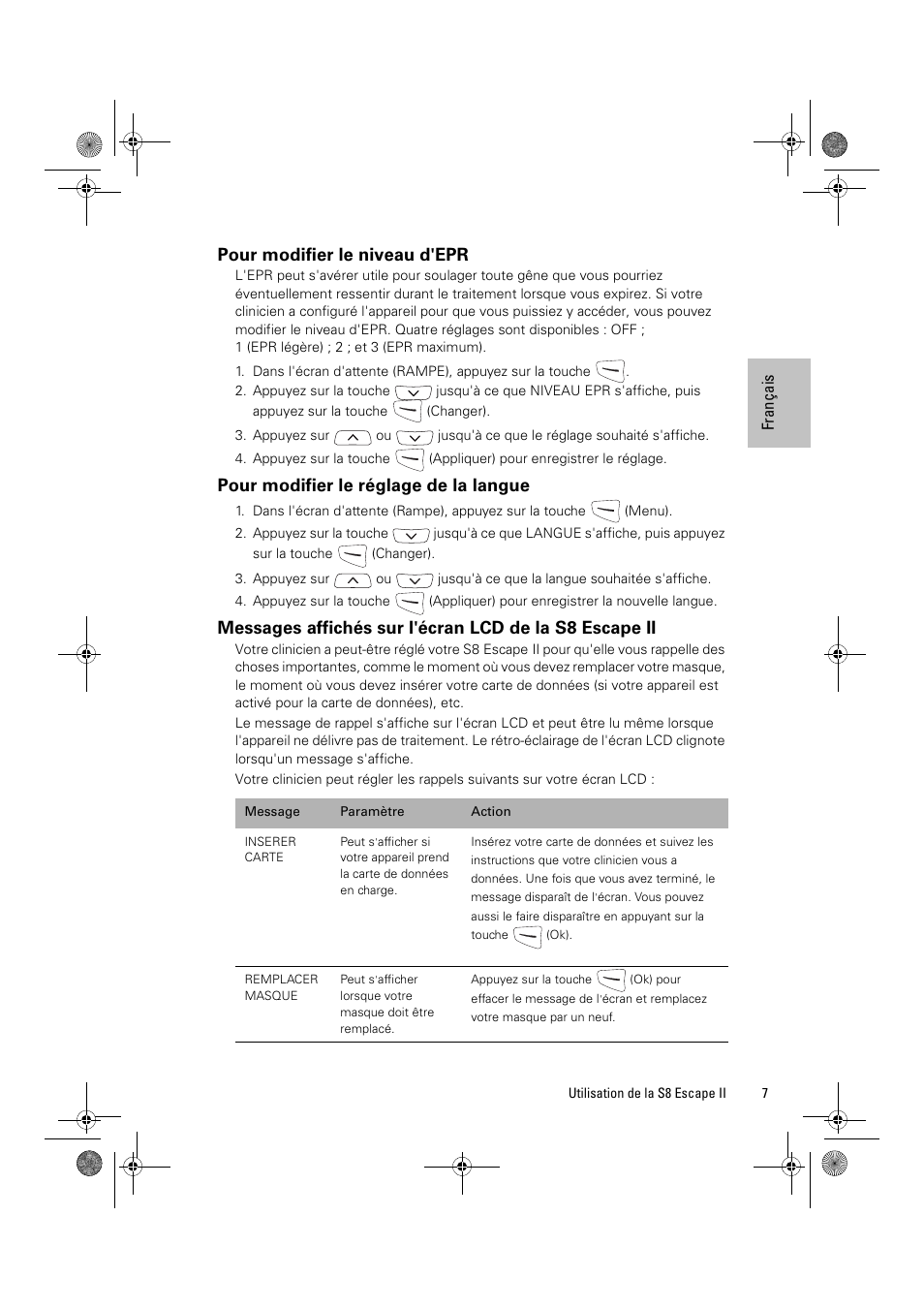 Pour modifier le niveau d'epr, Pour modifier le réglage de la langue | ResMed Positive Airway Pressure Device S8 Escape II User Manual | Page 29 / 80