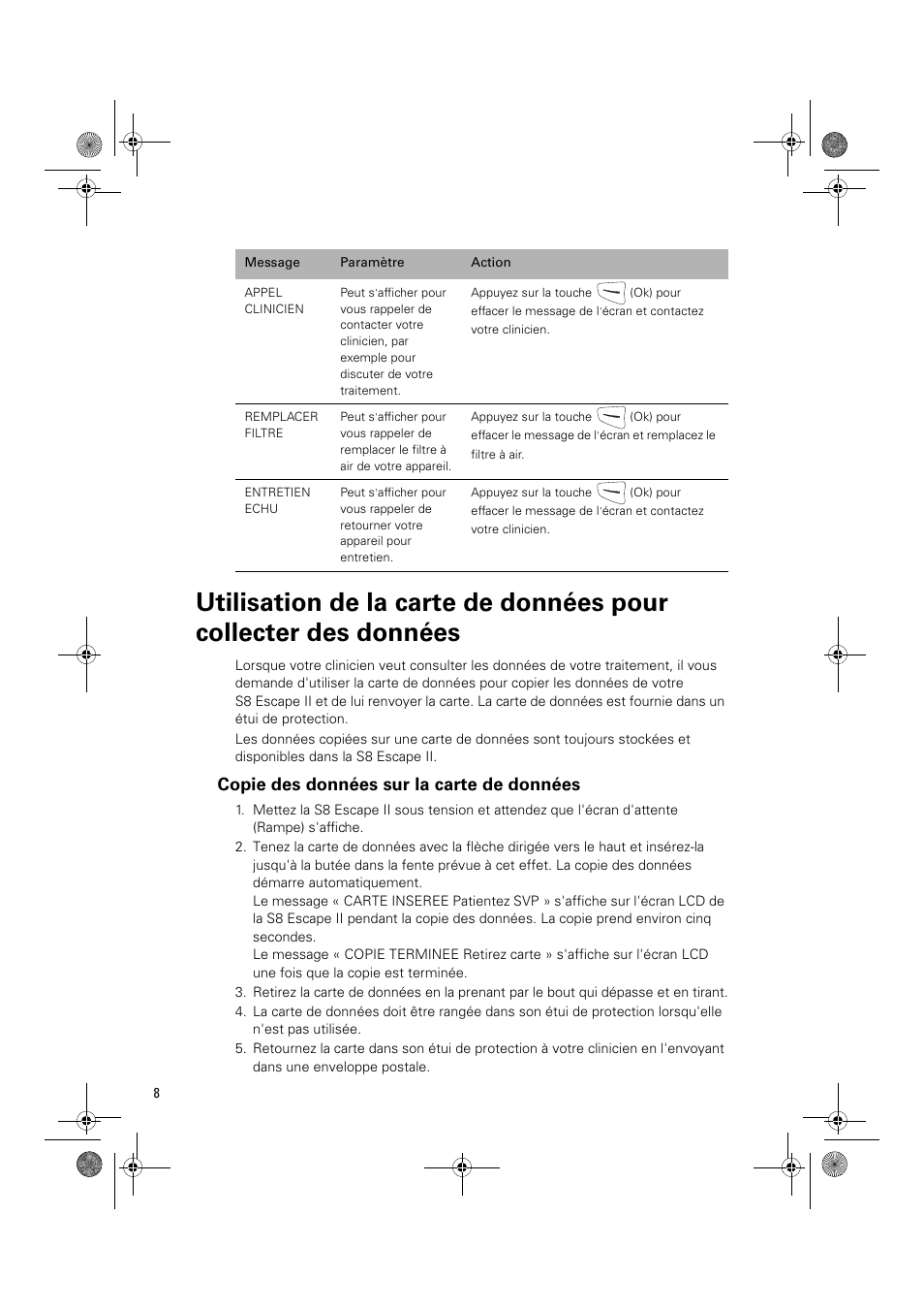 Copie des données sur la carte de données | ResMed Positive Airway Pressure Device S8 Escape II User Manual | Page 30 / 80