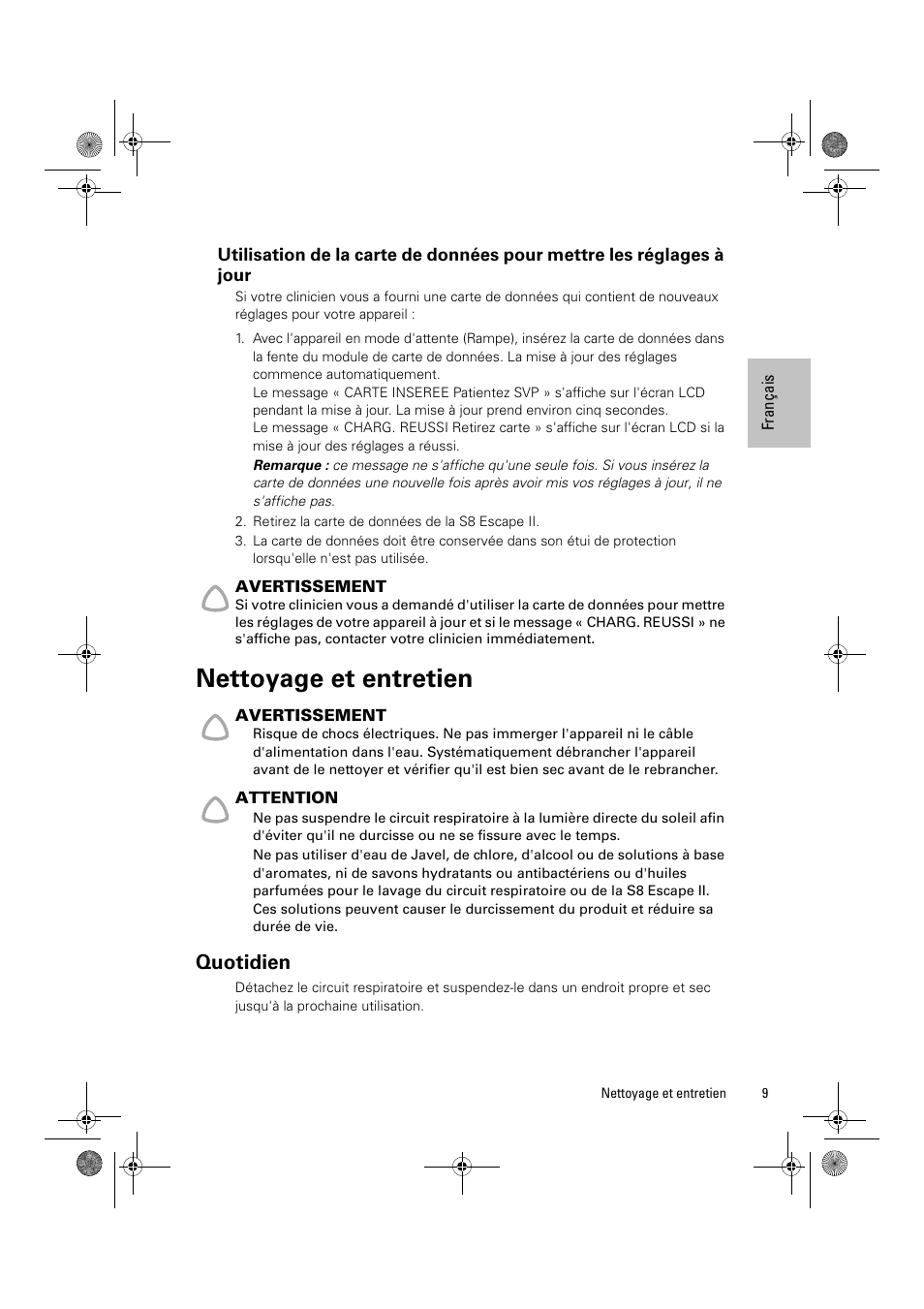 Nettoyage et entretien, Quotidien | ResMed Positive Airway Pressure Device S8 Escape II User Manual | Page 31 / 80