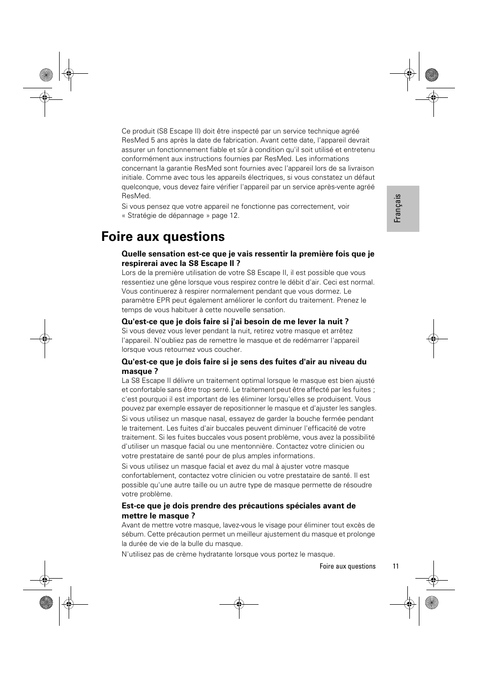 Foire aux questions | ResMed Positive Airway Pressure Device S8 Escape II User Manual | Page 33 / 80