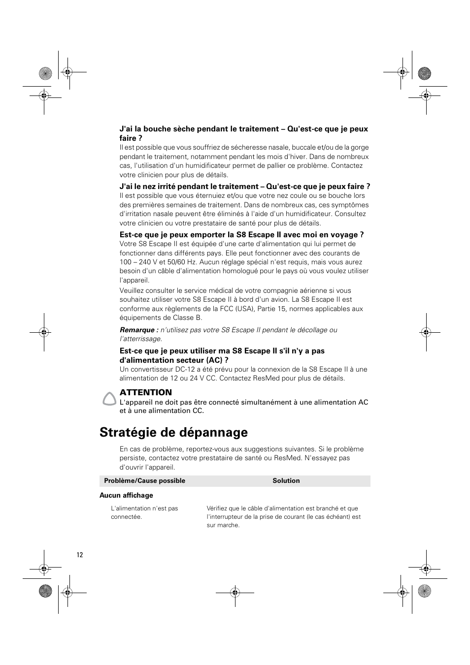 Stratégie de dépannage | ResMed Positive Airway Pressure Device S8 Escape II User Manual | Page 34 / 80