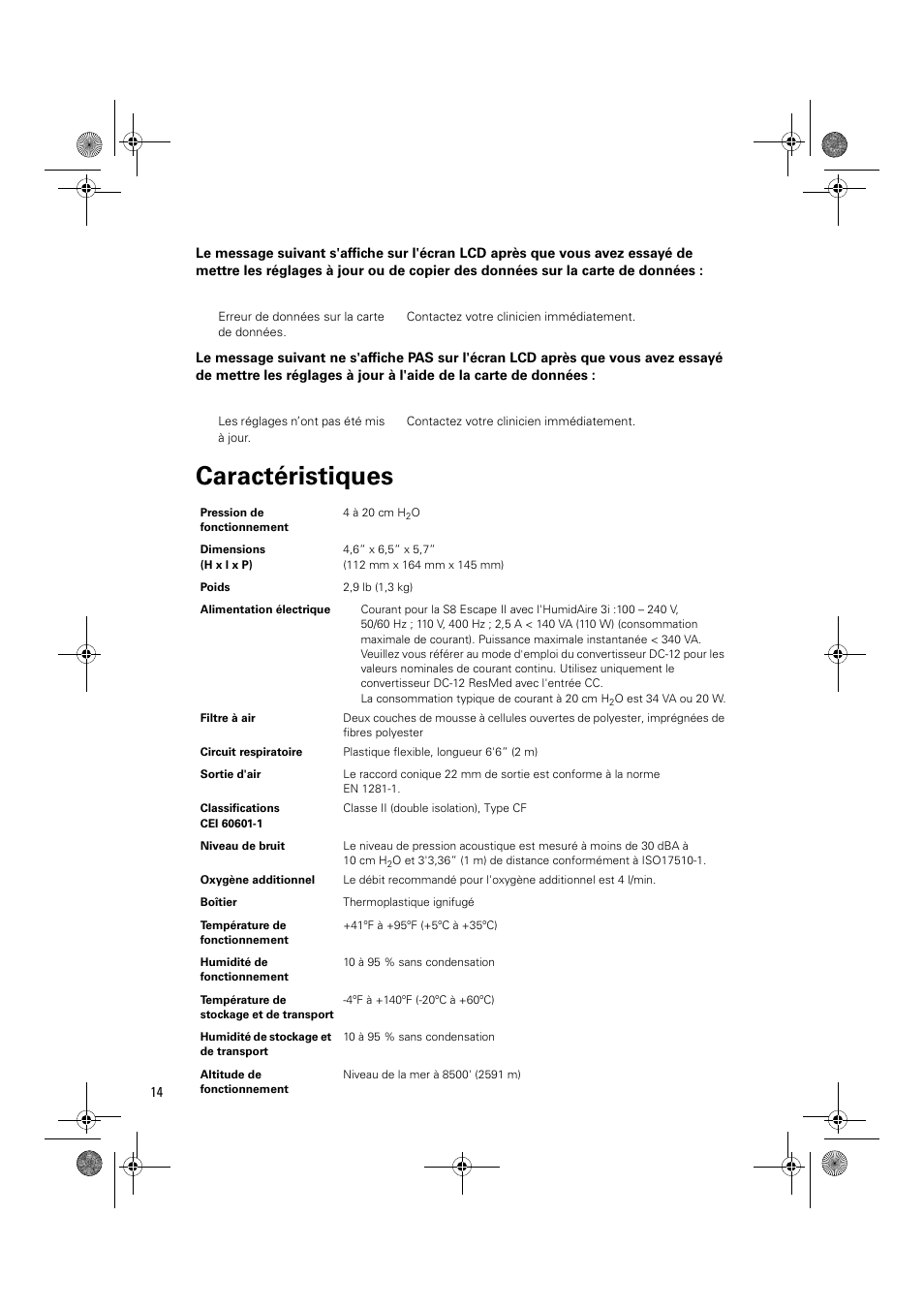 Caractéristiques | ResMed Positive Airway Pressure Device S8 Escape II User Manual | Page 36 / 80