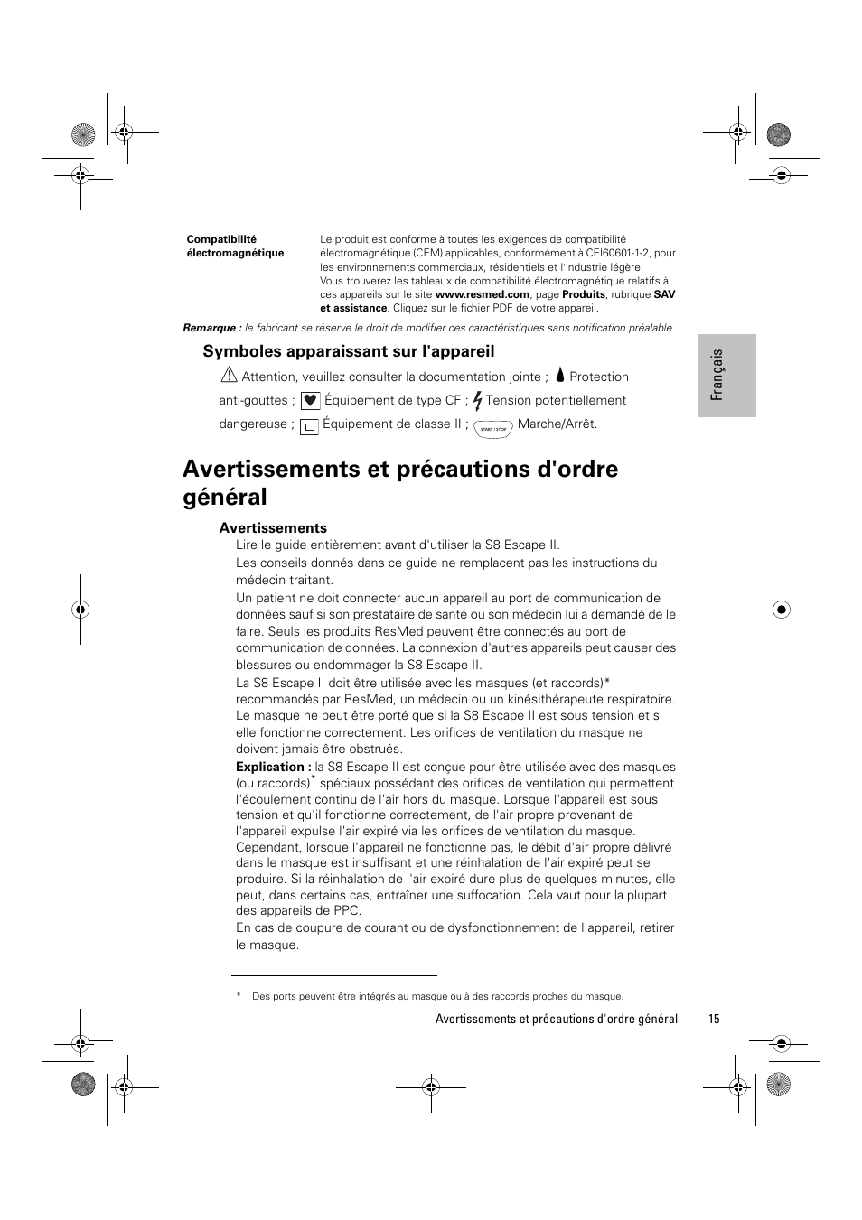 Symboles apparaissant sur l'appareil, Avertissements et précautions d'ordre général, Avertissements | ResMed Positive Airway Pressure Device S8 Escape II User Manual | Page 37 / 80