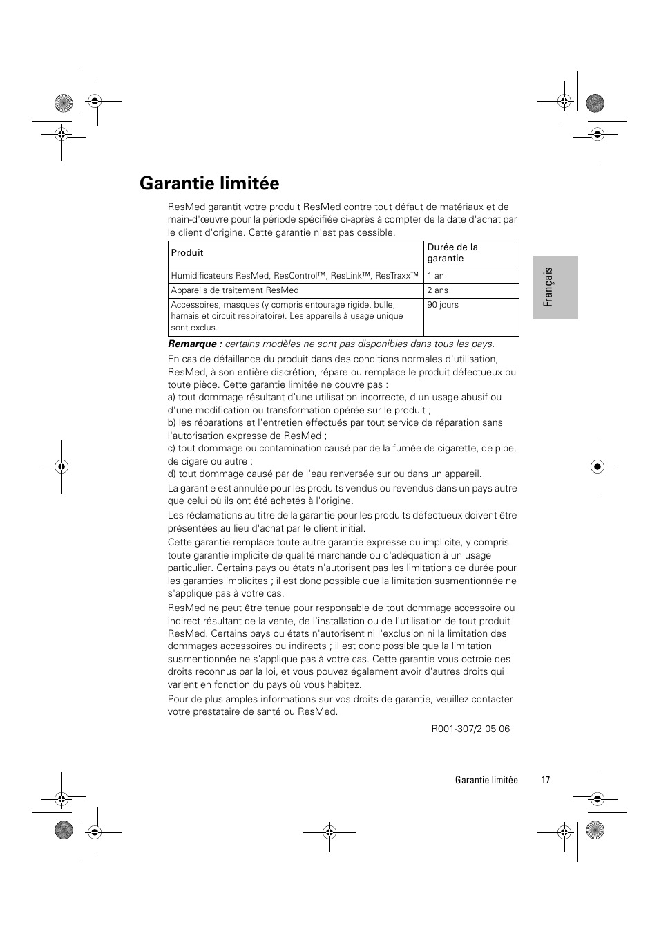 Garantie limitée | ResMed Positive Airway Pressure Device S8 Escape II User Manual | Page 39 / 80