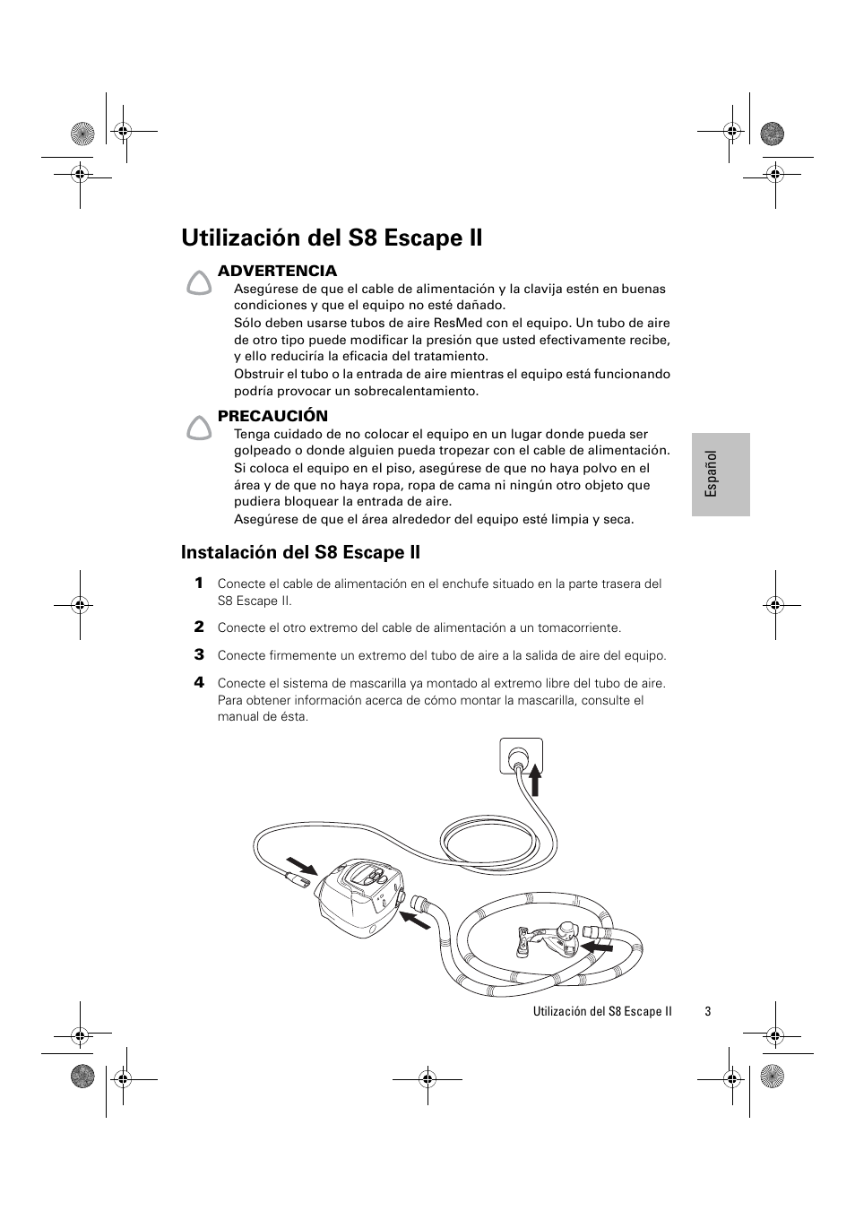 Utilización del s8 escape ii, Instalación del s8 escape ii | ResMed Positive Airway Pressure Device S8 Escape II User Manual | Page 45 / 80