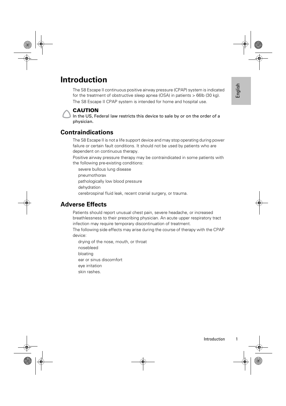 Introduction, Contraindications, Adverse effects | ResMed Positive Airway Pressure Device S8 Escape II User Manual | Page 5 / 80