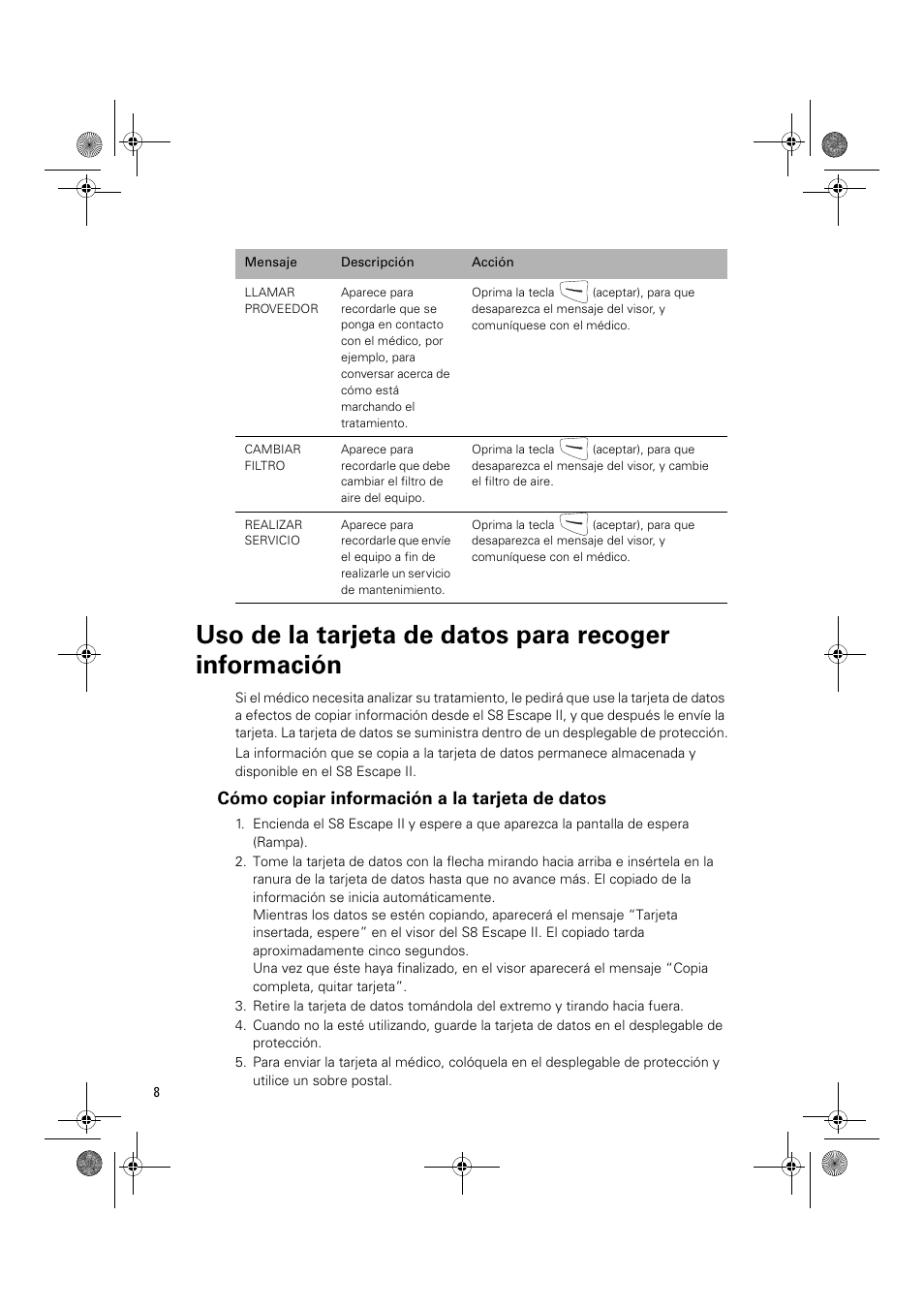 Cómo copiar información a la tarjeta de datos | ResMed Positive Airway Pressure Device S8 Escape II User Manual | Page 50 / 80