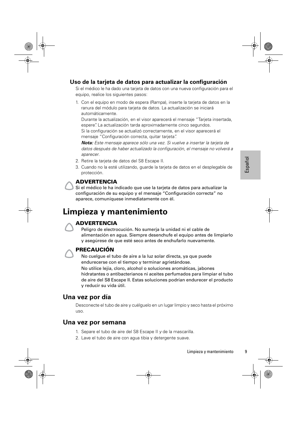 Limpieza y mantenimiento, Una vez por día, Una vez por semana | ResMed Positive Airway Pressure Device S8 Escape II User Manual | Page 51 / 80