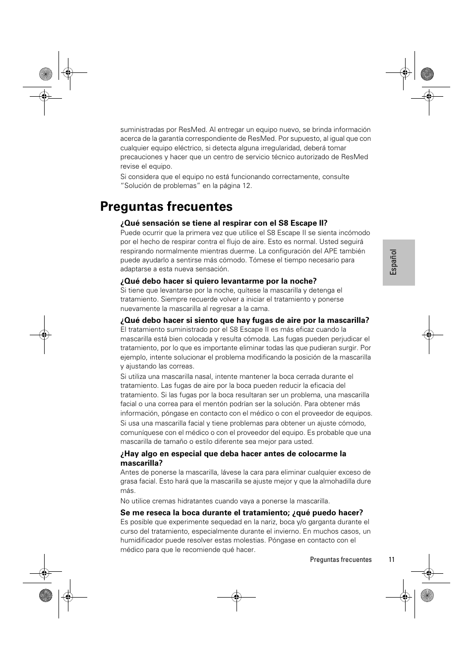 Preguntas frecuentes, Qué debo hacer si quiero levantarme por la noche | ResMed Positive Airway Pressure Device S8 Escape II User Manual | Page 53 / 80