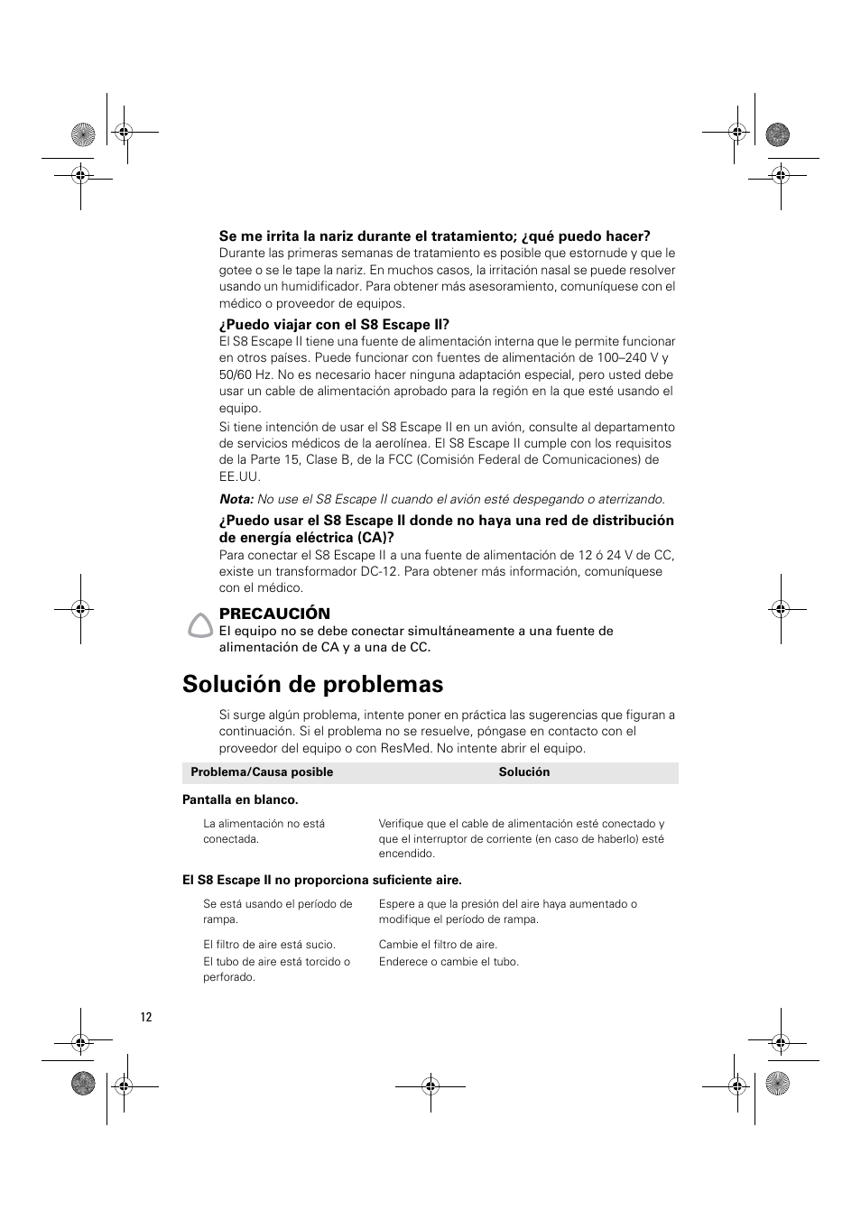 Puedo viajar con el s8 escape ii, Solución de problemas | ResMed Positive Airway Pressure Device S8 Escape II User Manual | Page 54 / 80