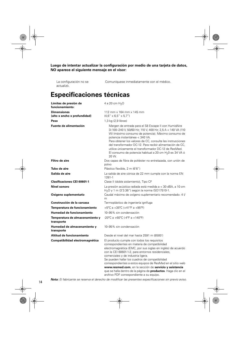 Especificaciones técnicas | ResMed Positive Airway Pressure Device S8 Escape II User Manual | Page 56 / 80