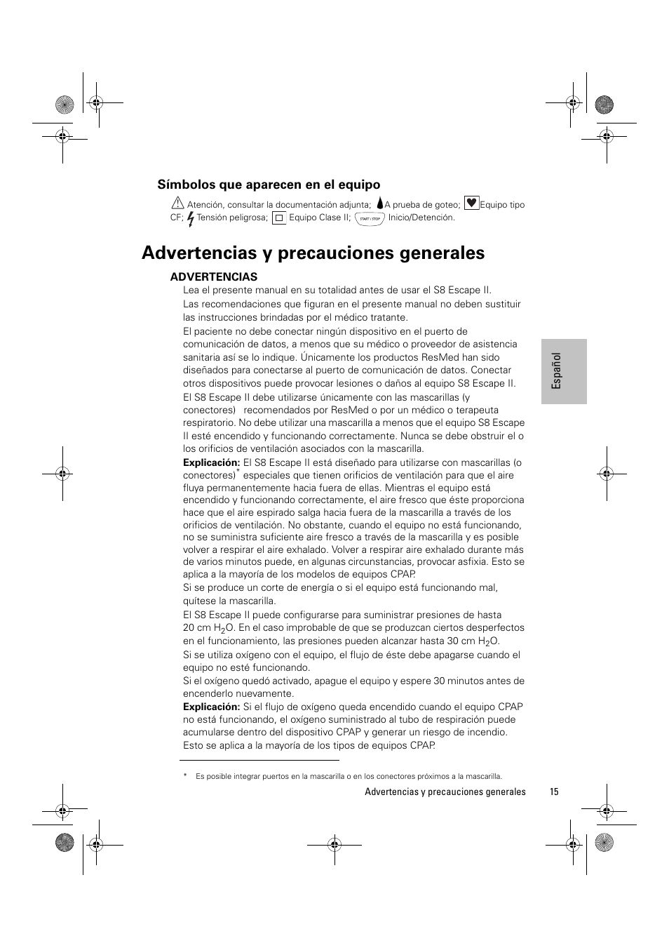 Símbolos que aparecen en el equipo, Advertencias y precauciones generales, Advertencias | ResMed Positive Airway Pressure Device S8 Escape II User Manual | Page 57 / 80