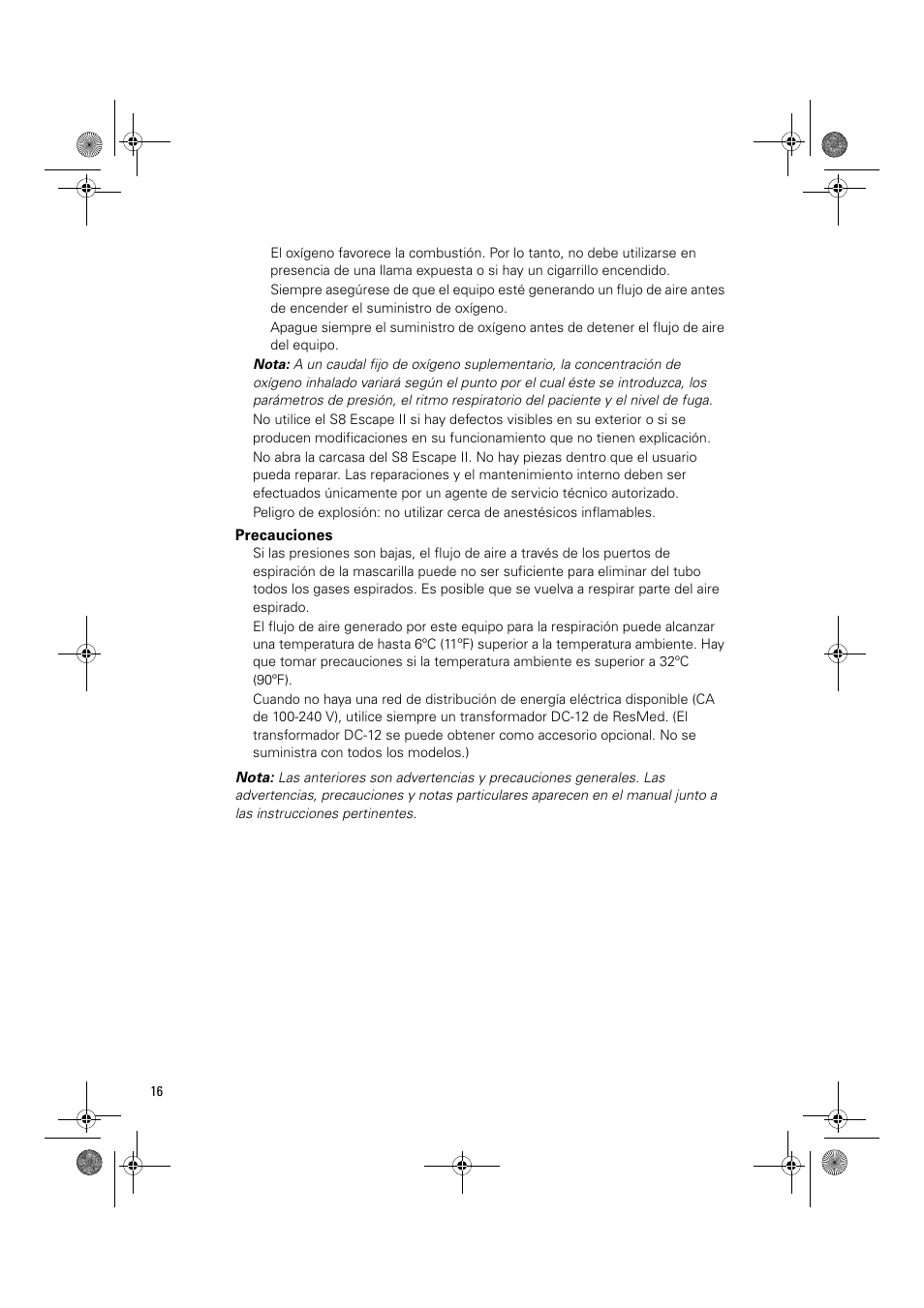 Precauciones | ResMed Positive Airway Pressure Device S8 Escape II User Manual | Page 58 / 80