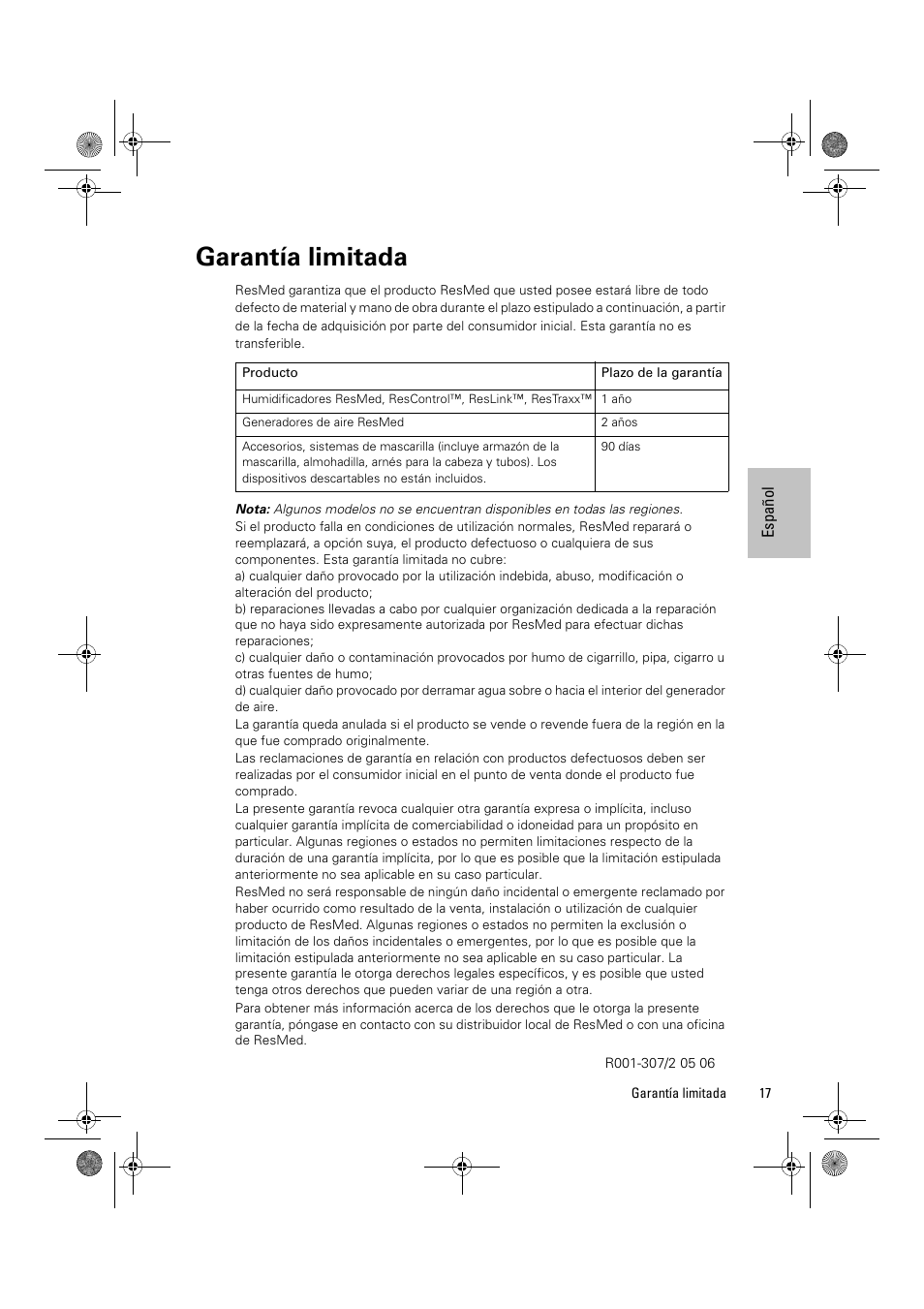 Garantía limitada | ResMed Positive Airway Pressure Device S8 Escape II User Manual | Page 59 / 80