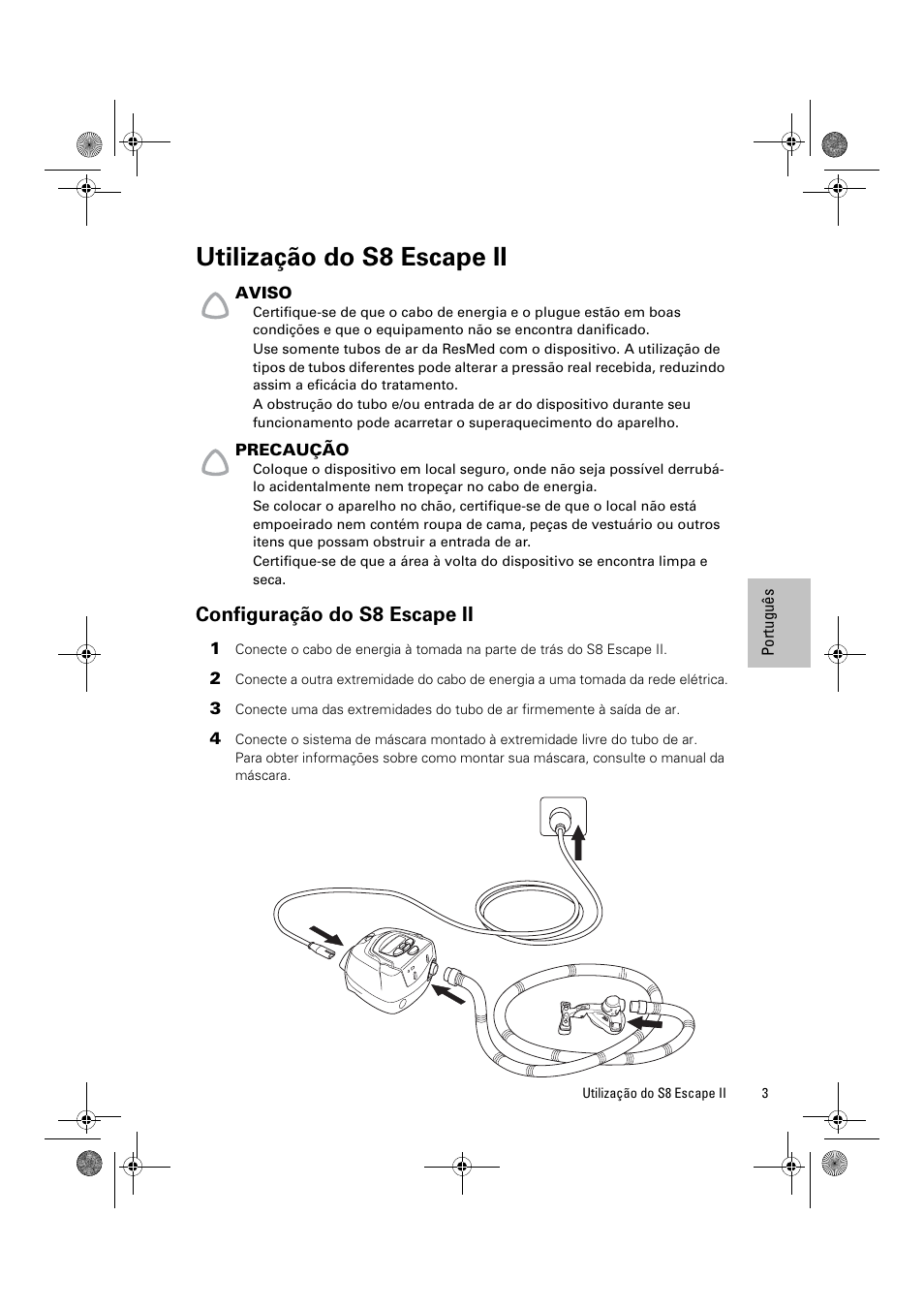 Utilização do s8 escape ii, Configuração do s8 escape ii | ResMed Positive Airway Pressure Device S8 Escape II User Manual | Page 65 / 80