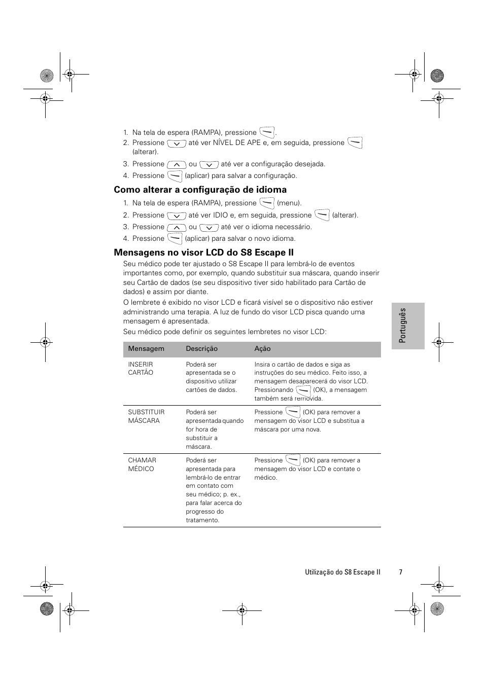 Como alterar a configuração de idioma, Mensagens no visor lcd do s8 escape ii | ResMed Positive Airway Pressure Device S8 Escape II User Manual | Page 69 / 80