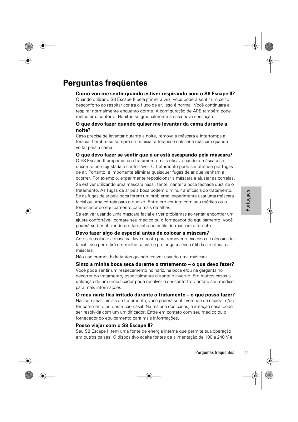 Perguntas freqüentes, Posso viajar com o s8 escape ii | ResMed Positive Airway Pressure Device S8 Escape II User Manual | Page 73 / 80