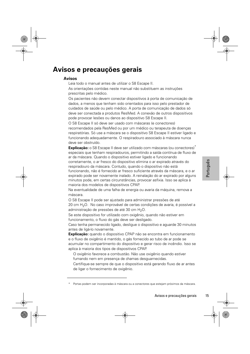 Avisos e precauções gerais, Avisos | ResMed Positive Airway Pressure Device S8 Escape II User Manual | Page 77 / 80