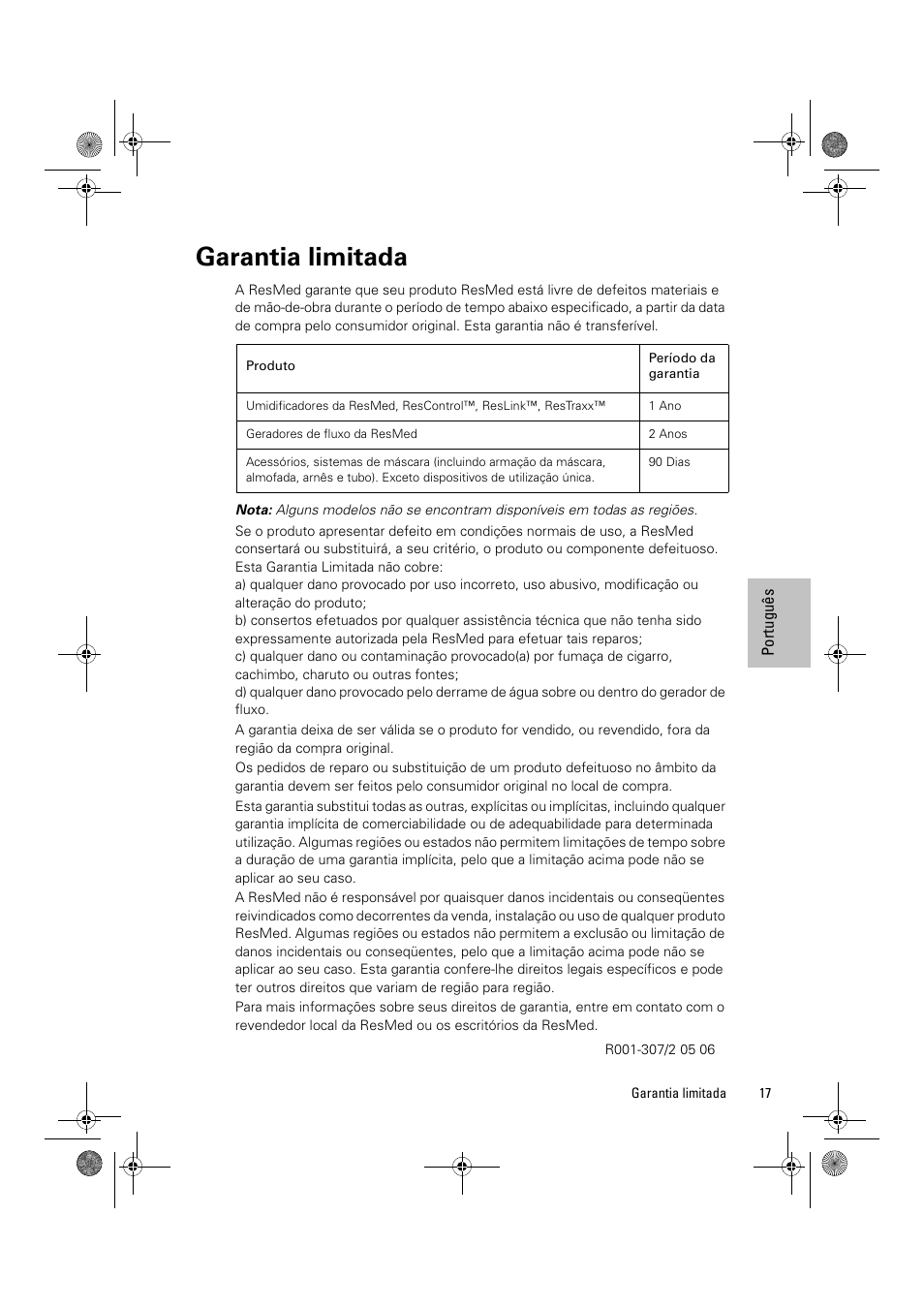 Garantia limitada | ResMed Positive Airway Pressure Device S8 Escape II User Manual | Page 79 / 80