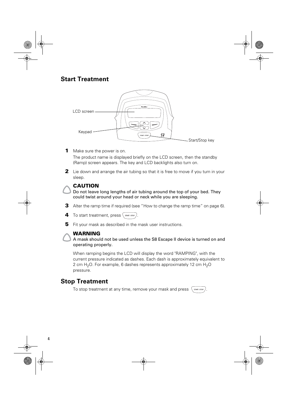 Start treatment, Stop treatment | ResMed Positive Airway Pressure Device S8 Escape II User Manual | Page 8 / 80