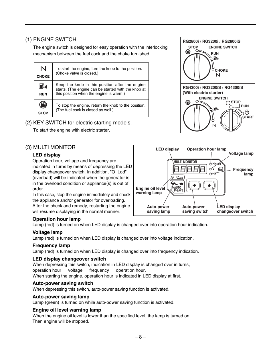 3) multi monitor, 1) engine switch, 2) key switch for electric starting models | Subaru Robin Power Products RG2800I User Manual | Page 11 / 67