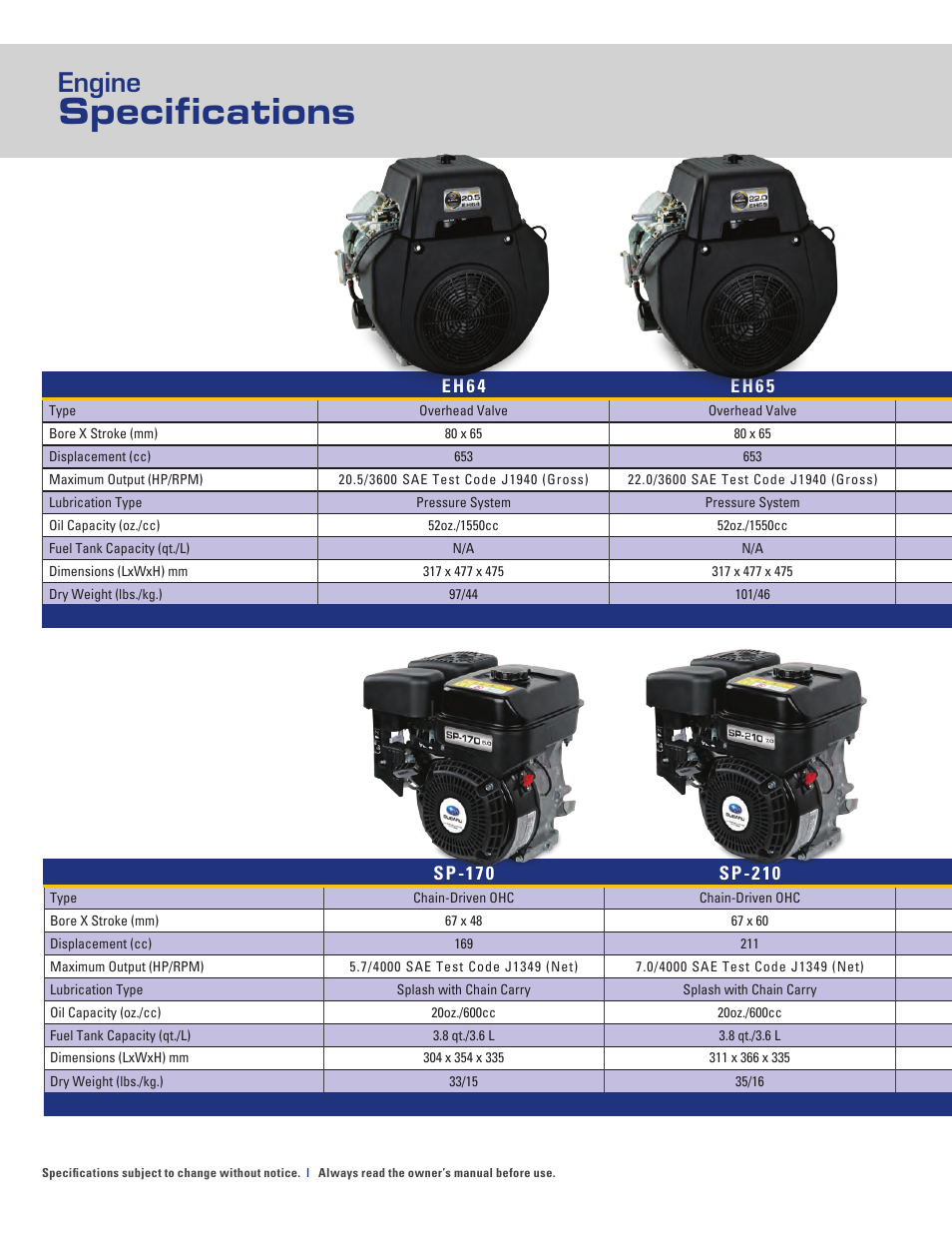 Specifications, Engine | Subaru Robin Power Products Subaru EX27 User Manual | Page 18 / 20