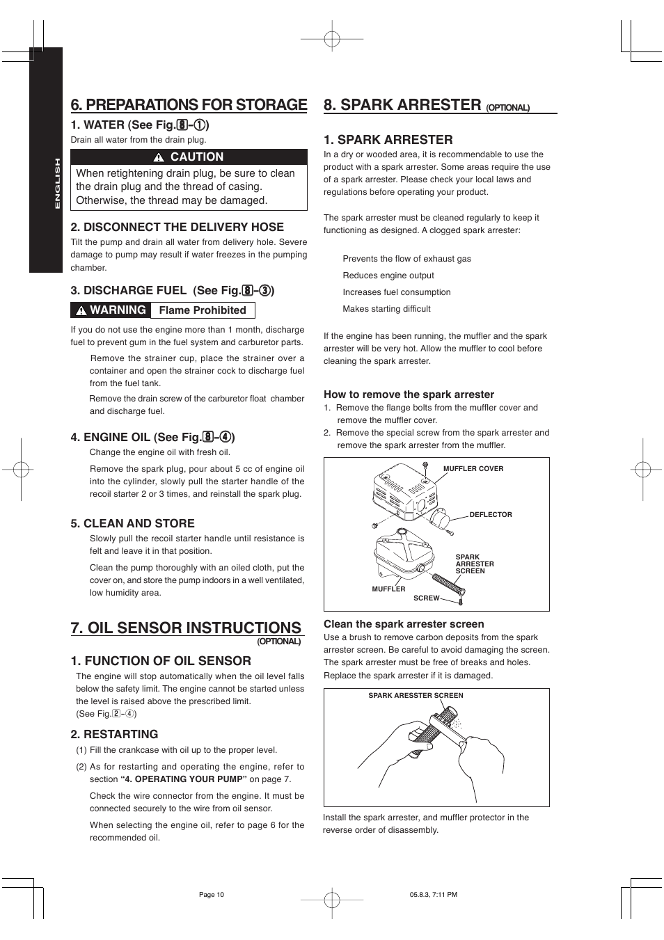 Preparations for storage, Oil sensor instructions, Function of oil sensor | Spark arrester | Subaru Robin Power Products PKX Series Robin Pump 201 User Manual | Page 12 / 15