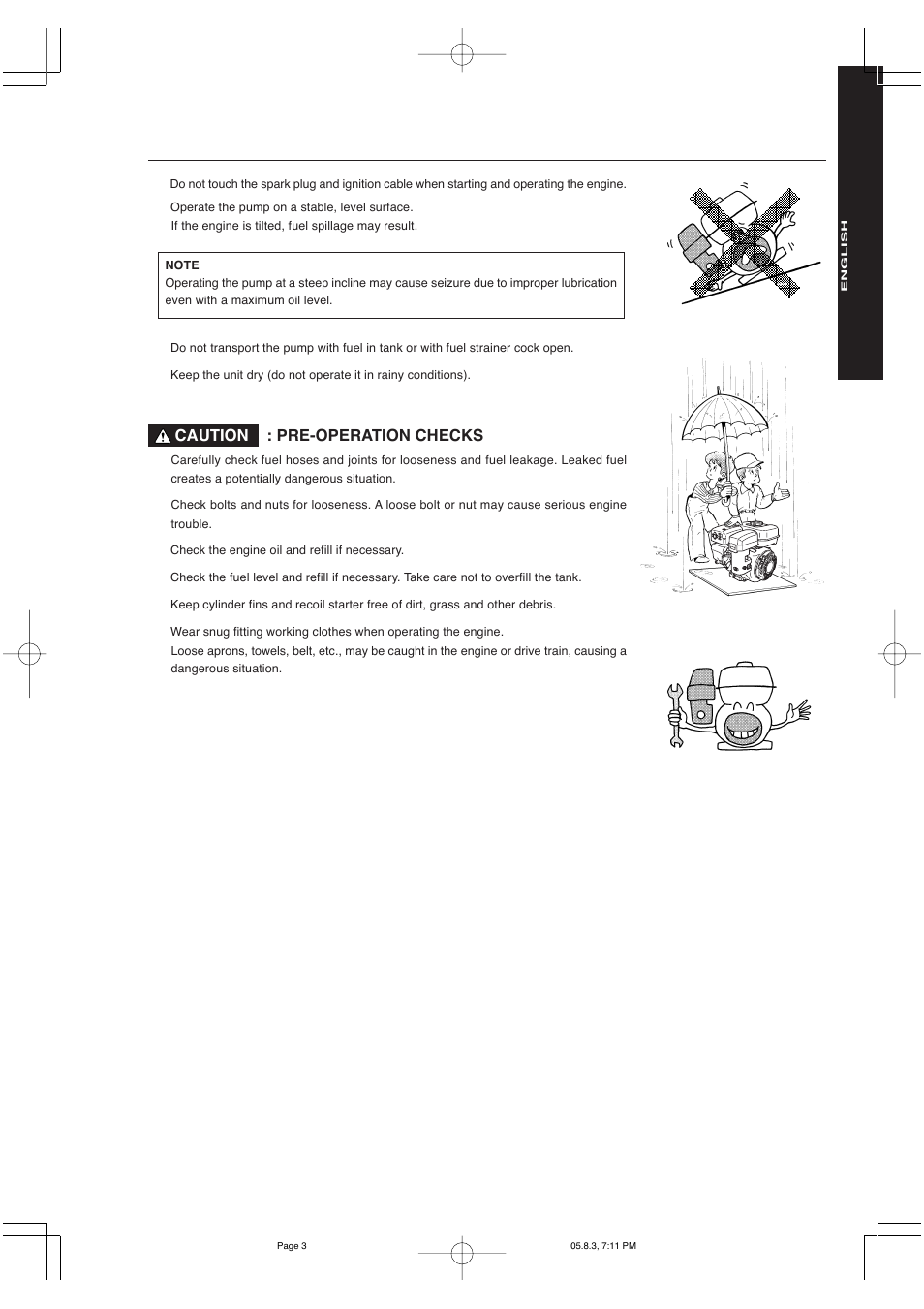 Pre-operation checks, Caution | Subaru Robin Power Products PKX Series Robin Pump 201 User Manual | Page 5 / 15