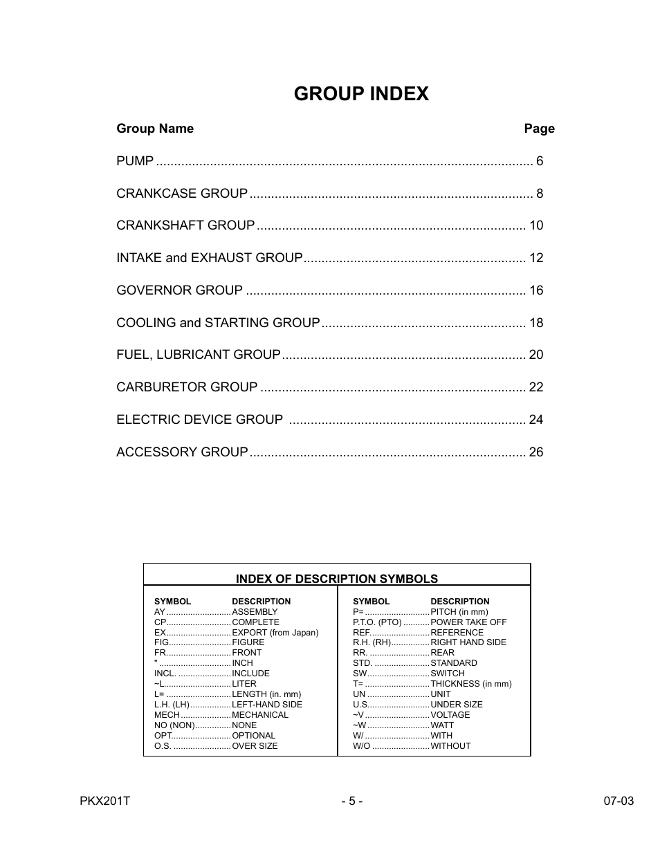 Group index | Subaru Robin Power Products PKX201T User Manual | Page 5 / 28
