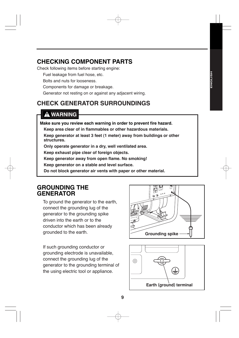 Checking component parts, Check generator surroundings, Grounding the generator | Subaru Robin Power Products RGx4800 User Manual | Page 12 / 31