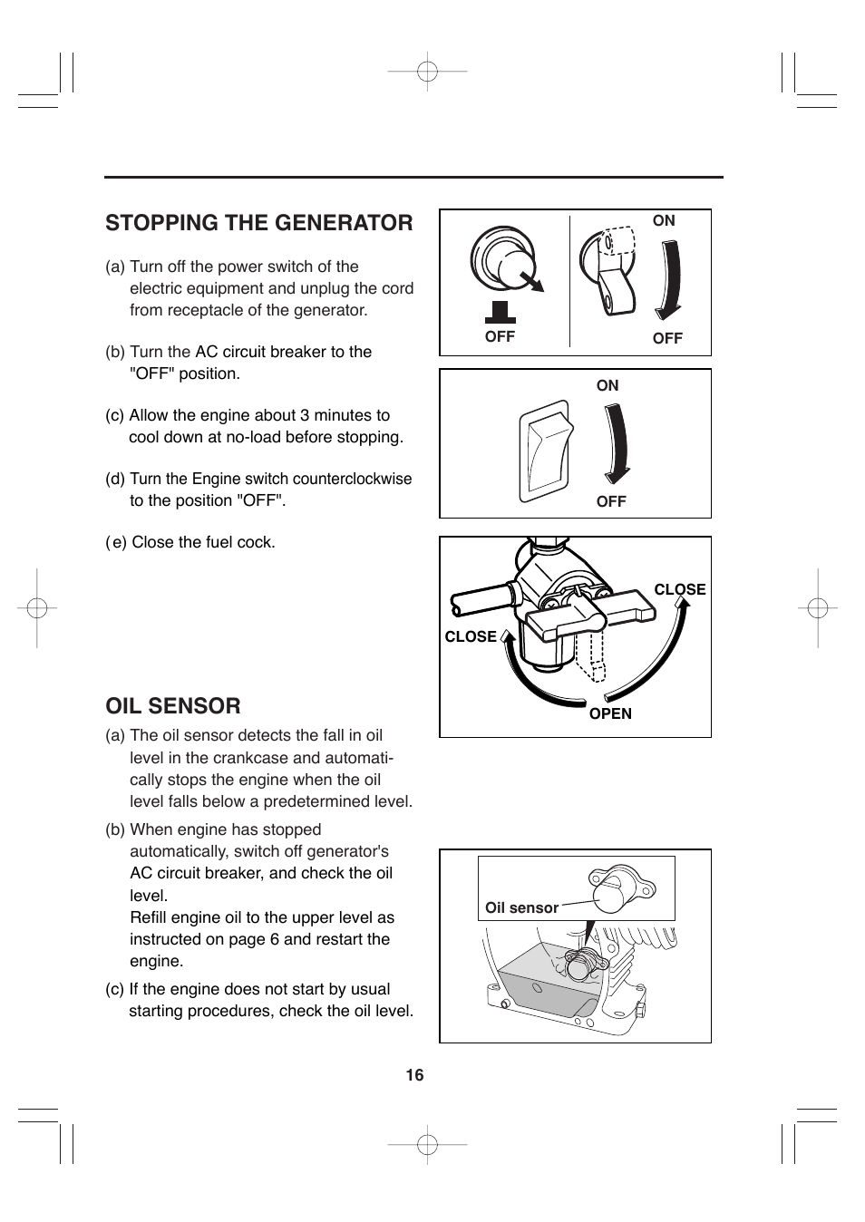 Stopping the generator, Oil sensor | Subaru Robin Power Products RGx4800 User Manual | Page 19 / 31