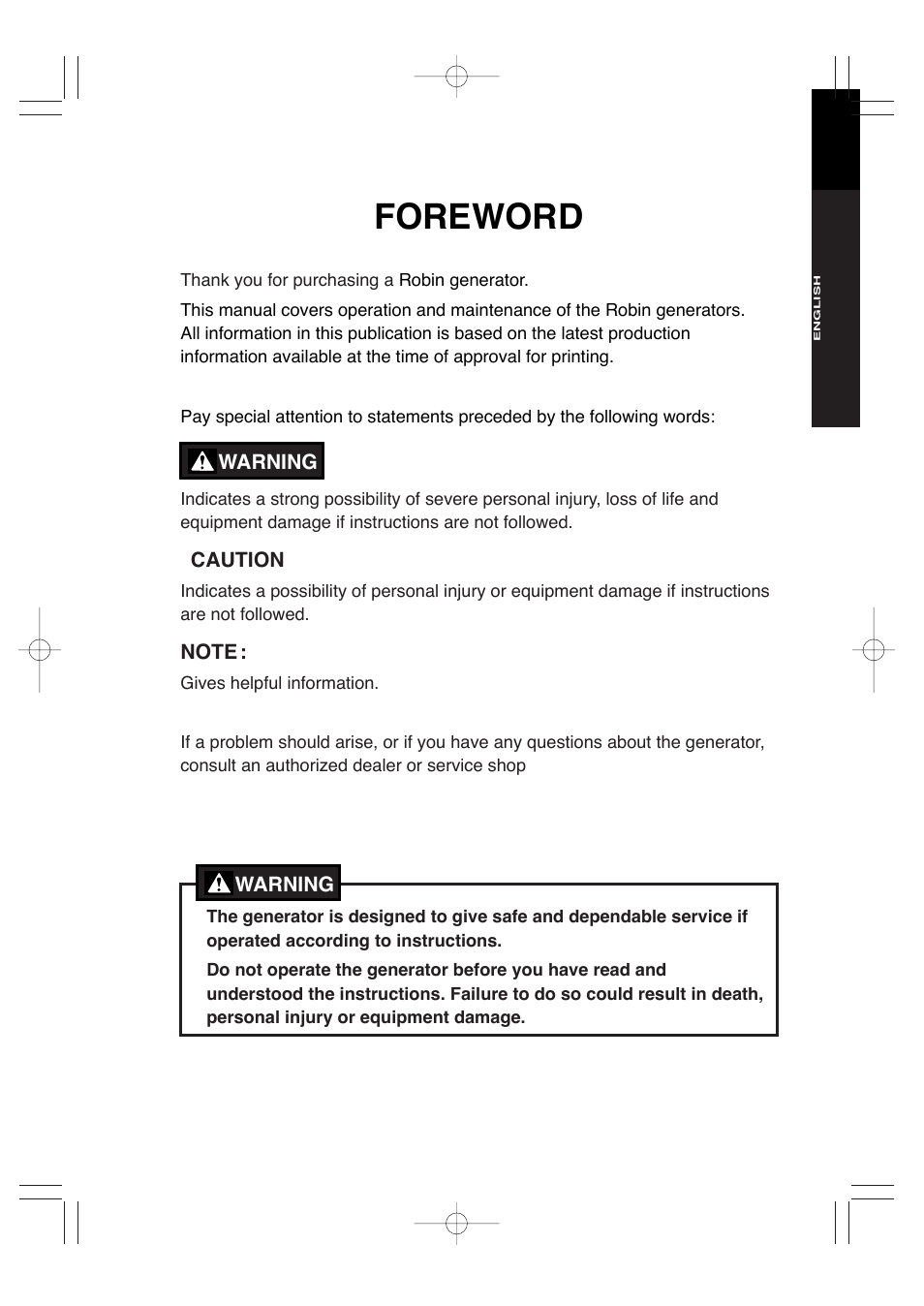 Foreword | Subaru Robin Power Products RGx4800 User Manual | Page 2 / 31