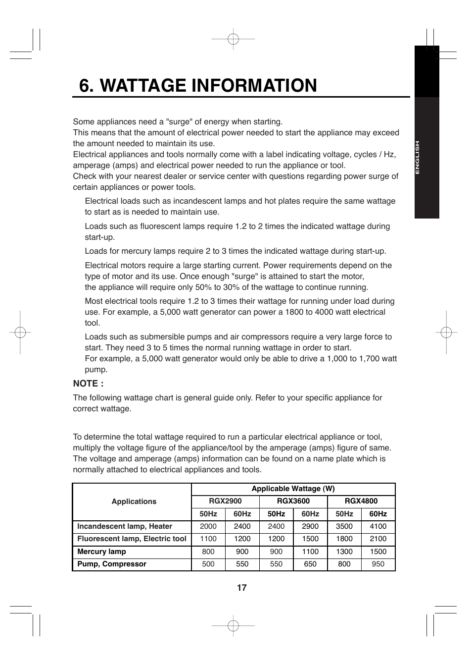 Wattage information | Subaru Robin Power Products RGx4800 User Manual | Page 20 / 31