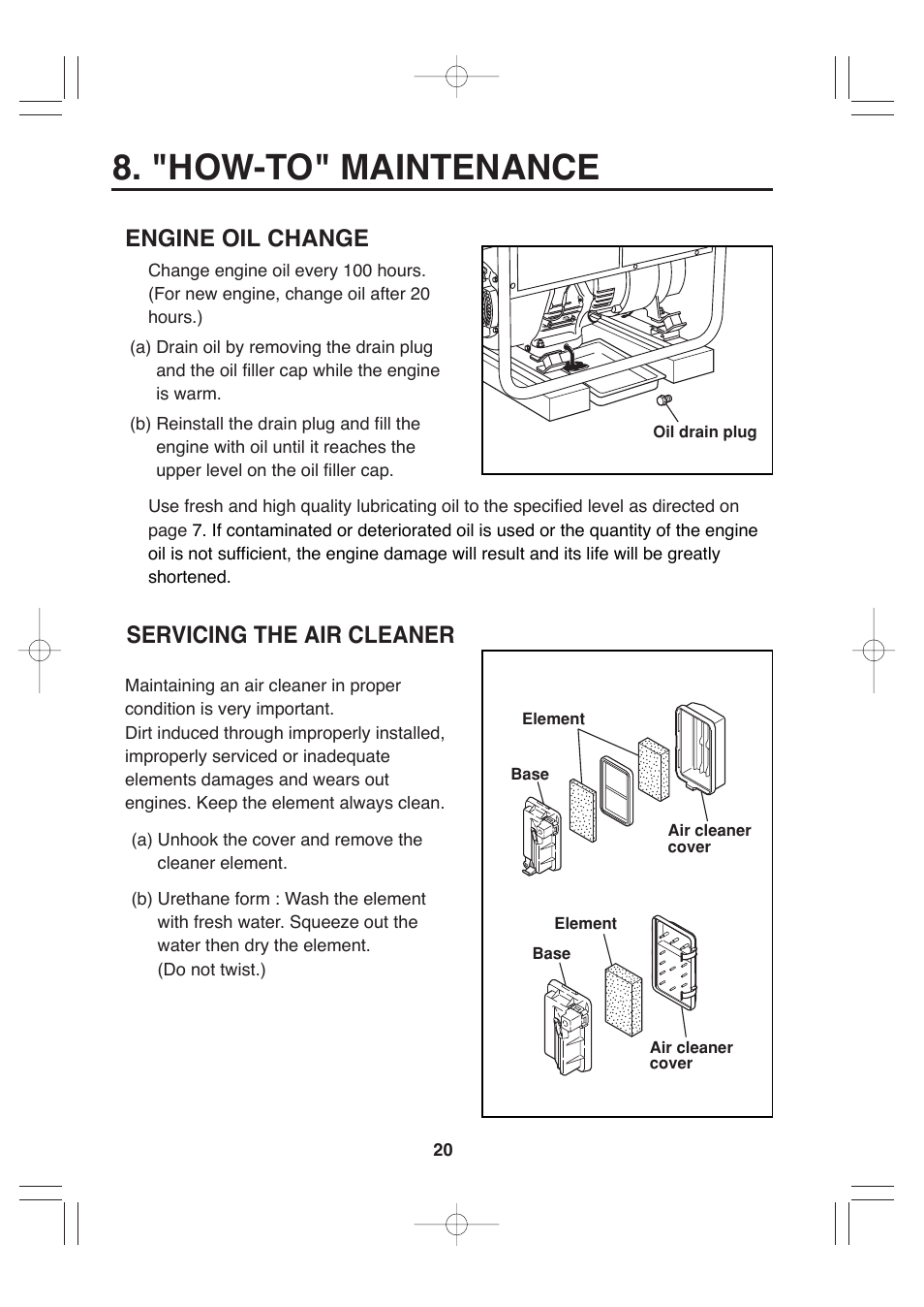 "how-to" maintenance, Engine oil change, Servicing the air cleaner | Subaru Robin Power Products RGx4800 User Manual | Page 23 / 31