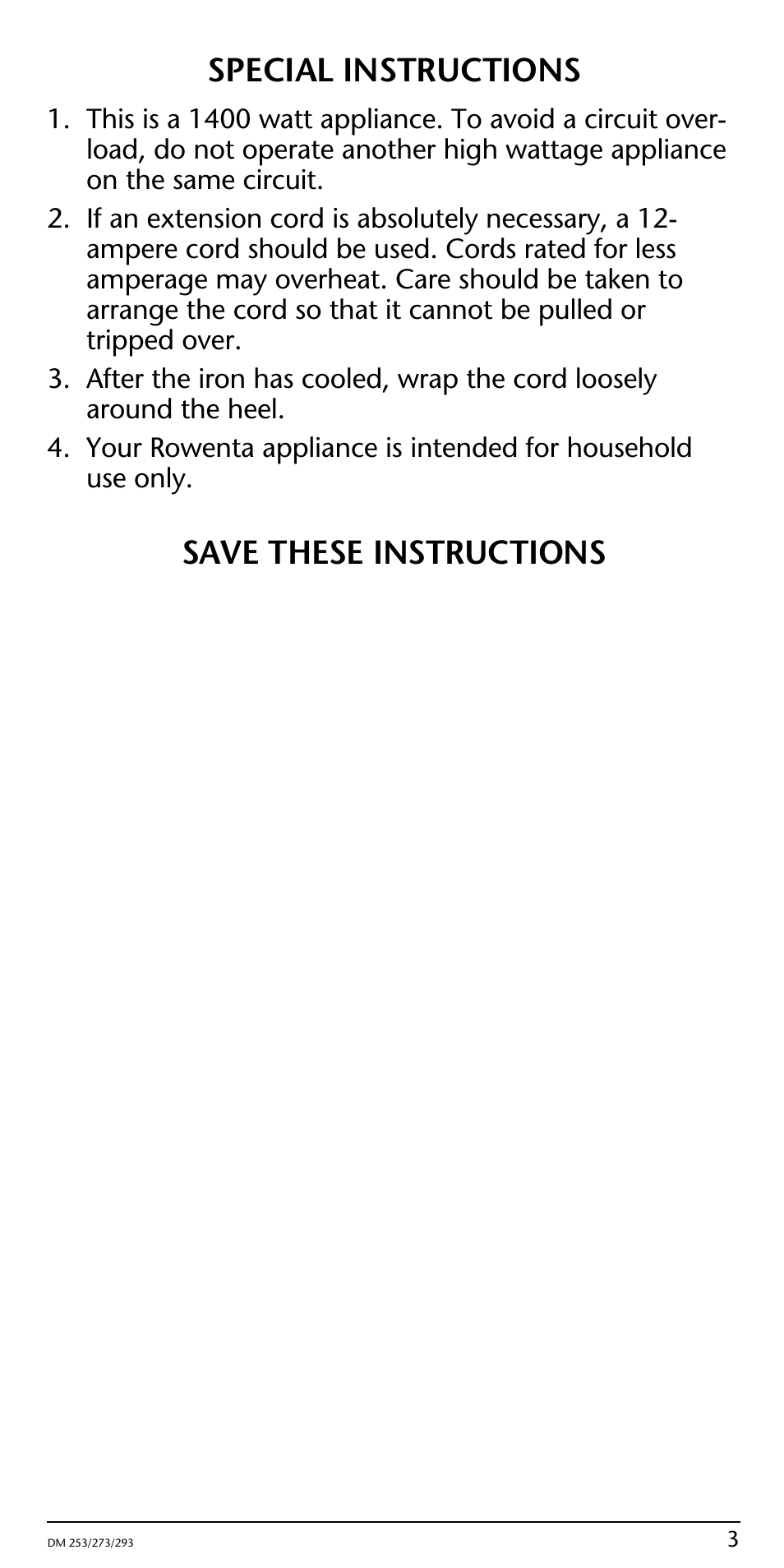 Special instructions, Save these instructions | ROWENTA Powerglide 2 User Manual | Page 3 / 12