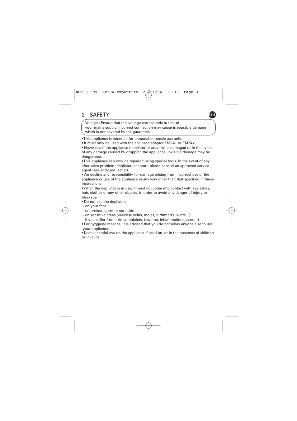 2 - safety | ROWENTA EP304 User Manual | Page 3 / 6