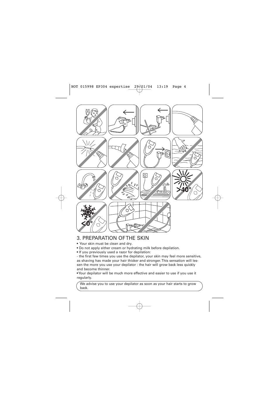 Preparation of the skin | ROWENTA EP304 User Manual | Page 4 / 6
